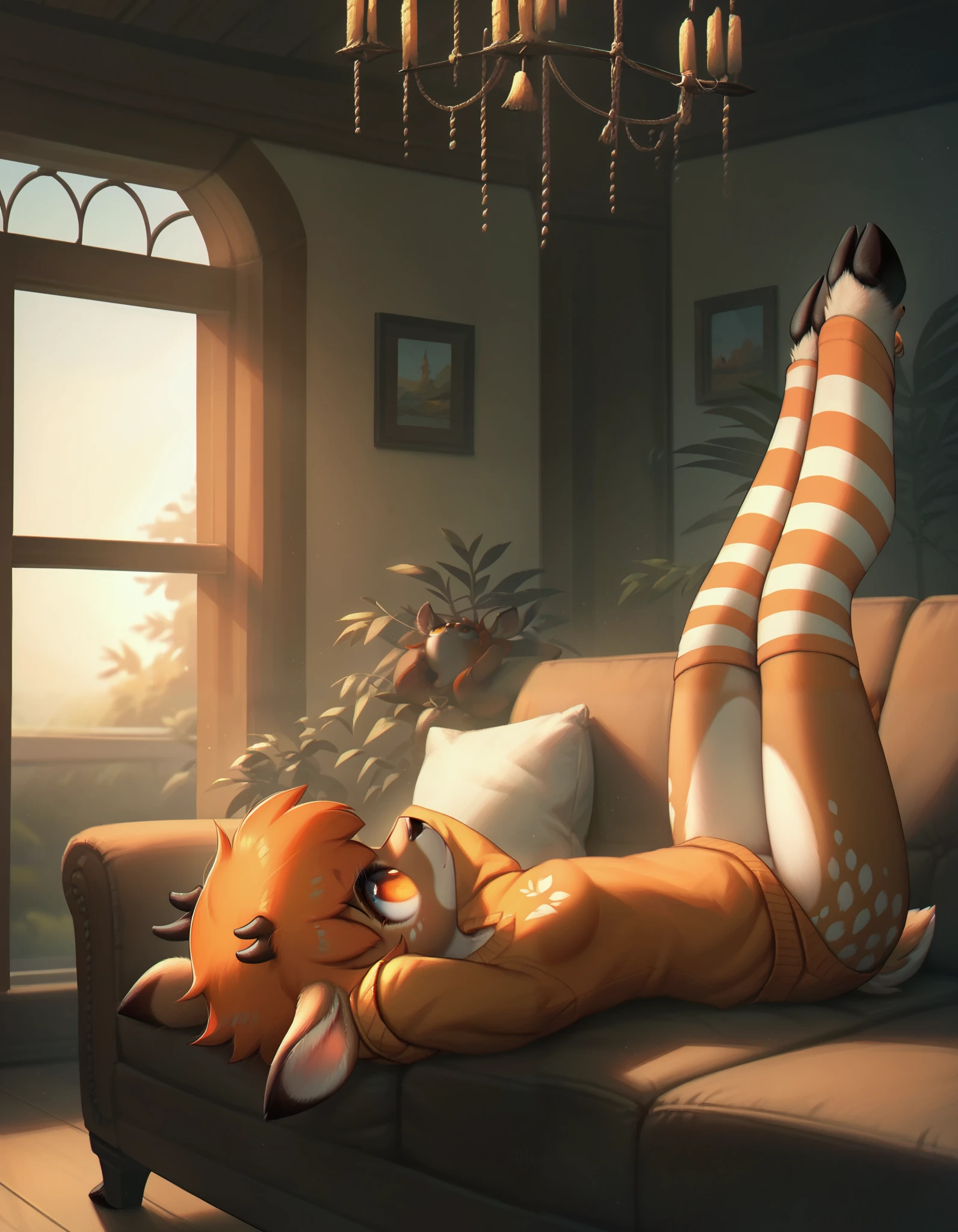 score_9, score_8_up, score_7_up, score_6_up, rating_safe, innocent and alluring, masterpiece, best quality, 1girl, (cute, anthro, female, deer anthro:1.2, thin body, detailed face, beautiful detailed eyes, tail, (small deer horns), round head, big eyes, orange eyes, orange hair, short hair, bangs, white belly), (indoors, laying down on couch, legs up, knees folded, orange sweater,, orange striped stockings, looking up, looking at ceiling, hands behind head, laying on back, side view), (solo)