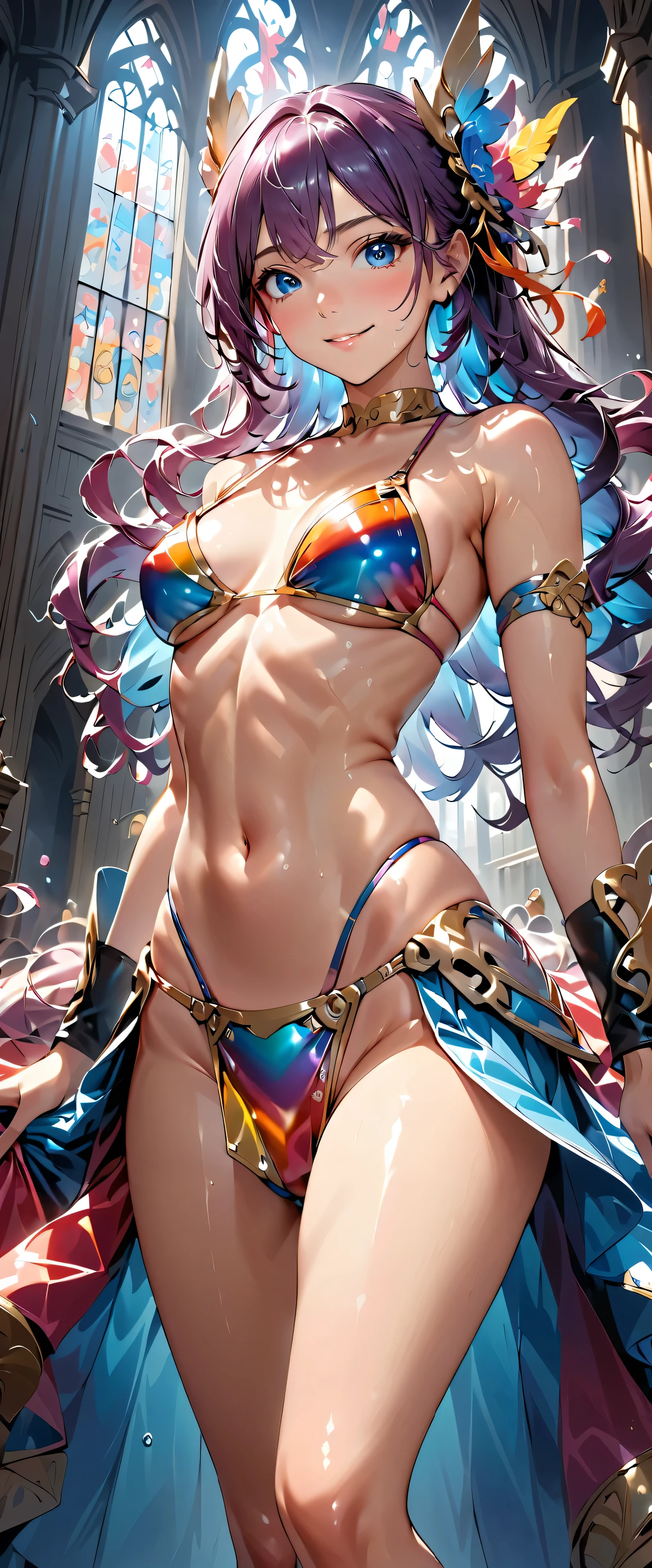 (Shiroshitamachi)( for a woman with bristles:1.2,  very detailed, up to date,  vibrant ,  super high resolution,  High Contrast , masterpiece:1.2,  for a woman with bristles,  best aesthetics)(()), sexy, (Shiny bikini armor with lots of exposure),  skinny,  beautiful thighs are visible , Best Body Line,  beautiful detailed eyes from outside the train, A professional and confident smile,  detailed facial features ,  elegant hairstyle,Bonds of Love, Adorable,()Wet with water,( fantasy standing in a church)((Shiroshitamachi))(( small tits))