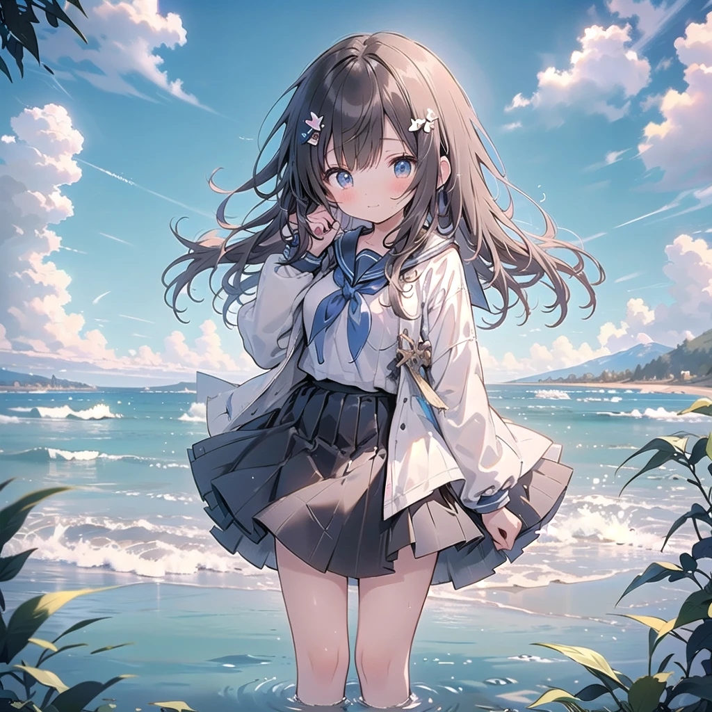 ((( super detailed,  Highly Detailed CG, masterpiece,  High Quality , 4K,  high definition , sharp concentration,Calm sea, Anime Style Illustrations ))),(Alone:1.3), cute, smiles,(An -aged girl is stan in shallow water:1.4), Light Blue Sailor Suit,( slightly bulging breasts:1.2),Tempting, Clear Skin,barefoot, long hair,Neat hair,Brown Hair,wind, White Clouds ,blue sky, watching viewers ,Wet clothes, shy 