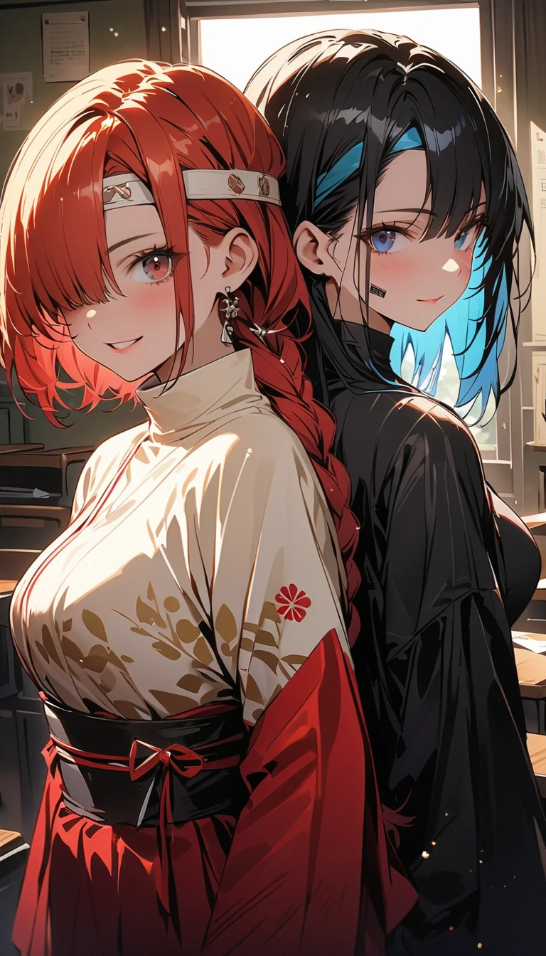 Two women, maid uniforms, different hair colors, different hairstyles, different hair lengths, Different eye color,beautiful makeup, red lips, smiles, in a Japanese house, at night