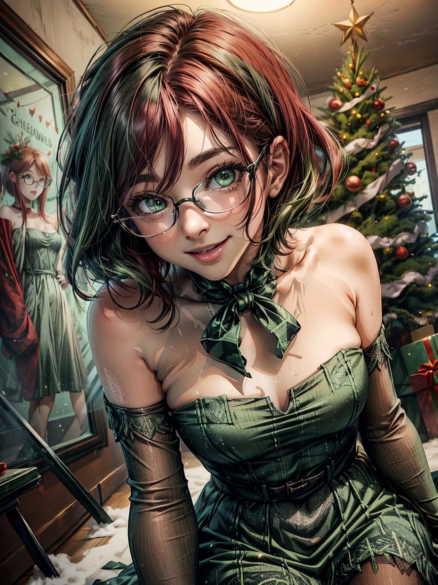 short redheads, hair green eyes ,  metal-framed glasses,  green strapless dress, smiling girl on the background of a snowy Christmas tree.