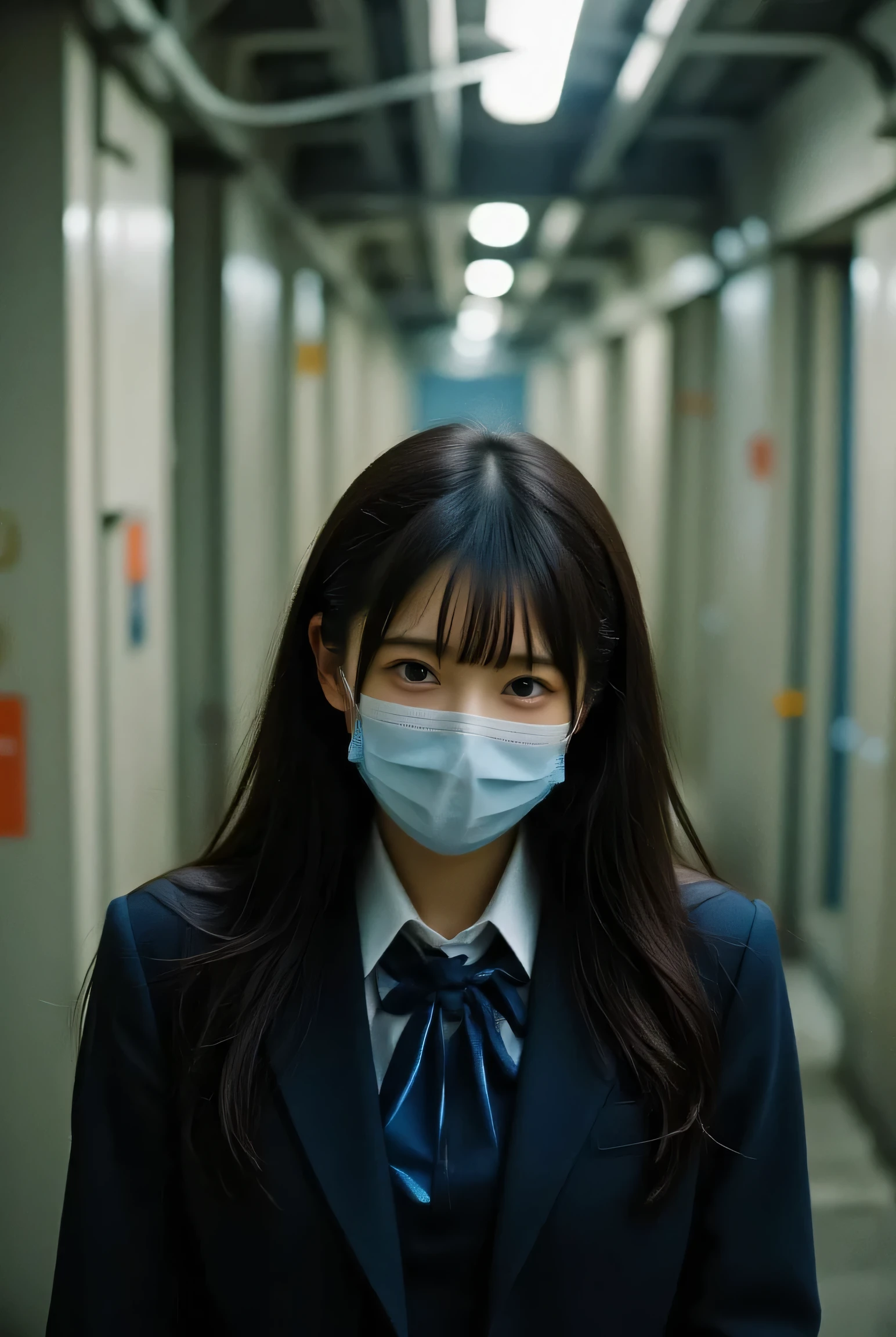  discouraged subway tunnel ,  underground driver ,  sex, Spooky Shadow,  High Contrast , Tunnel wall,  leftovers from past relief , concrete column, CBR mask ,  micro symfini ,  cute Korean girl with a gun, bangs,