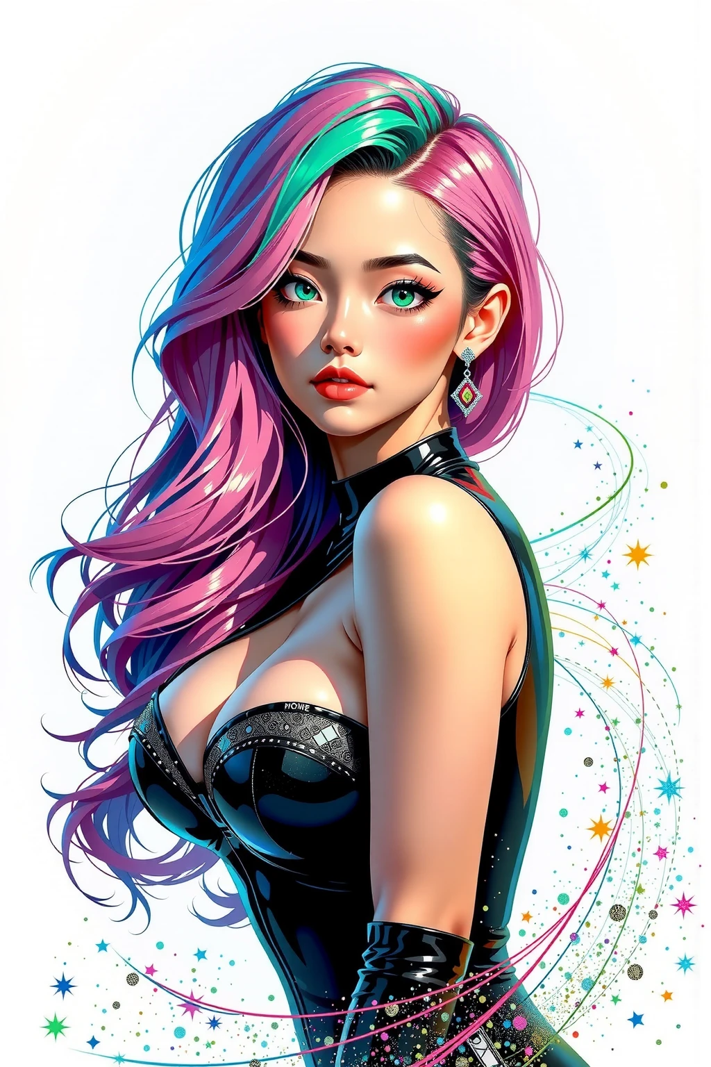 Japanese girl, (anime), manga, sexy, One Full Growth in Latex, sparkles, Pink Green Hair, posing, ((Glitter Dust)), dynamic shadows, masterpiece, bright colors, Shimmers, clear details, beautiful appearance, masterpiece, best quality, perfect anatomy, very aesthetic, official art, 8k, horny, sexual gaze, huge breasts, edgy graphic design, sexy pose, straight on,
