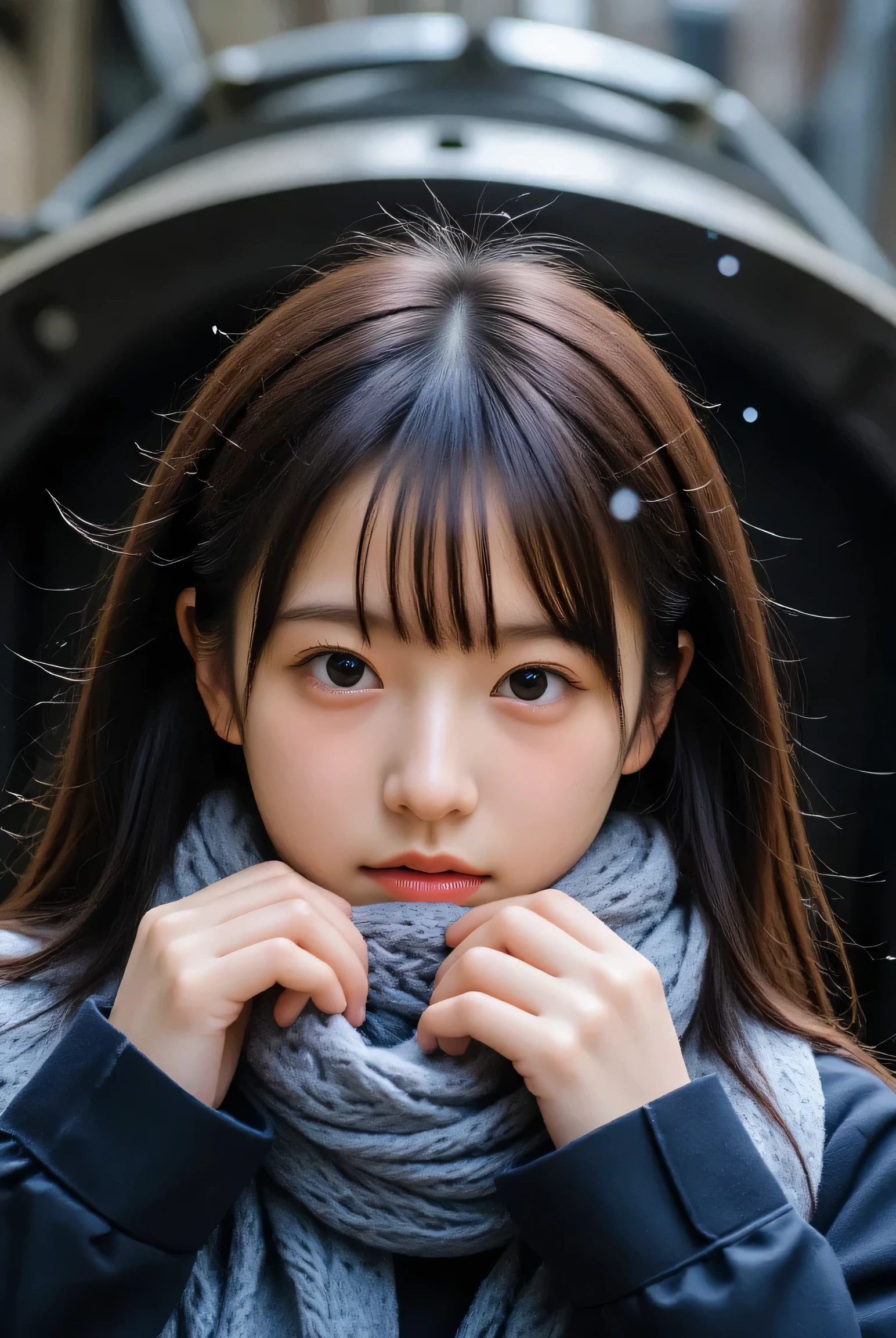 (( in the coal mine without makeup 、 closes the eye 、 closes her mouth:1.2))、( realistic 、 Photo realistic 、 super detailed、 It's on the inside of 、 and has the most detailed skin 、 top quality、 masterpiece on penis 、 ultra high definition )、 very short hair 、、 high school girl with visible armpits 、 young girl、 1 girl、 bang 、 double eyelid、Drooling eyes、 The Face of Japan 、purity、Double teeth、 realistic 肌タイプ、Thick muffler、 grey scarf 、 fluffy hair that pulls the body together、(( the hair is a muffler :1.3))、 red cheeks 、 the wind is blowing 、that' snow is falling 、 knight 、illumination、 and the light shines from behind , cowboy shots、