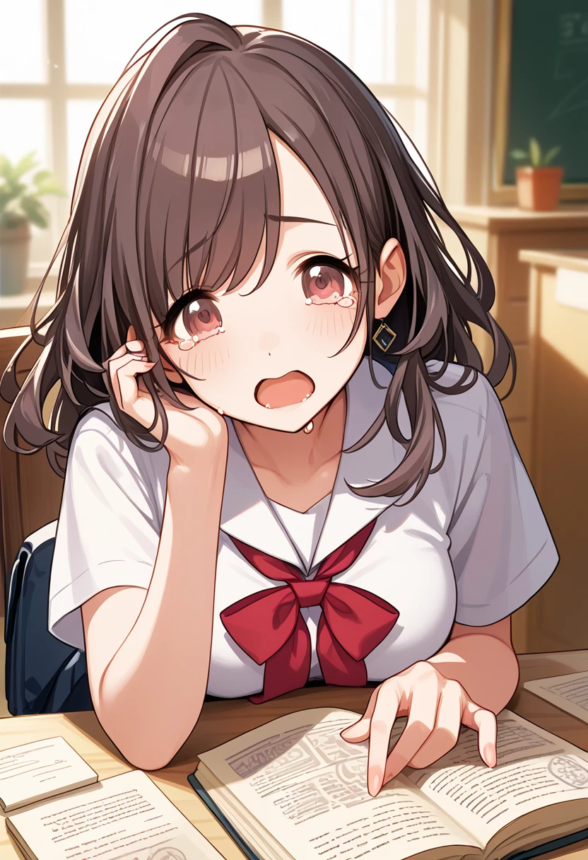 student girl,studying hard,wholebody,break,(((open_mouth,afterglow,dazed,crying))),Tsukioka Kogane, THE IDOLMASTER SHINY COLORS  ,school shirts uniform,cute_girl,wholebody,Adult woman girl Complete studying ,break,cute_mature_girl,((( bronde_hair))),Extremely hard studying
