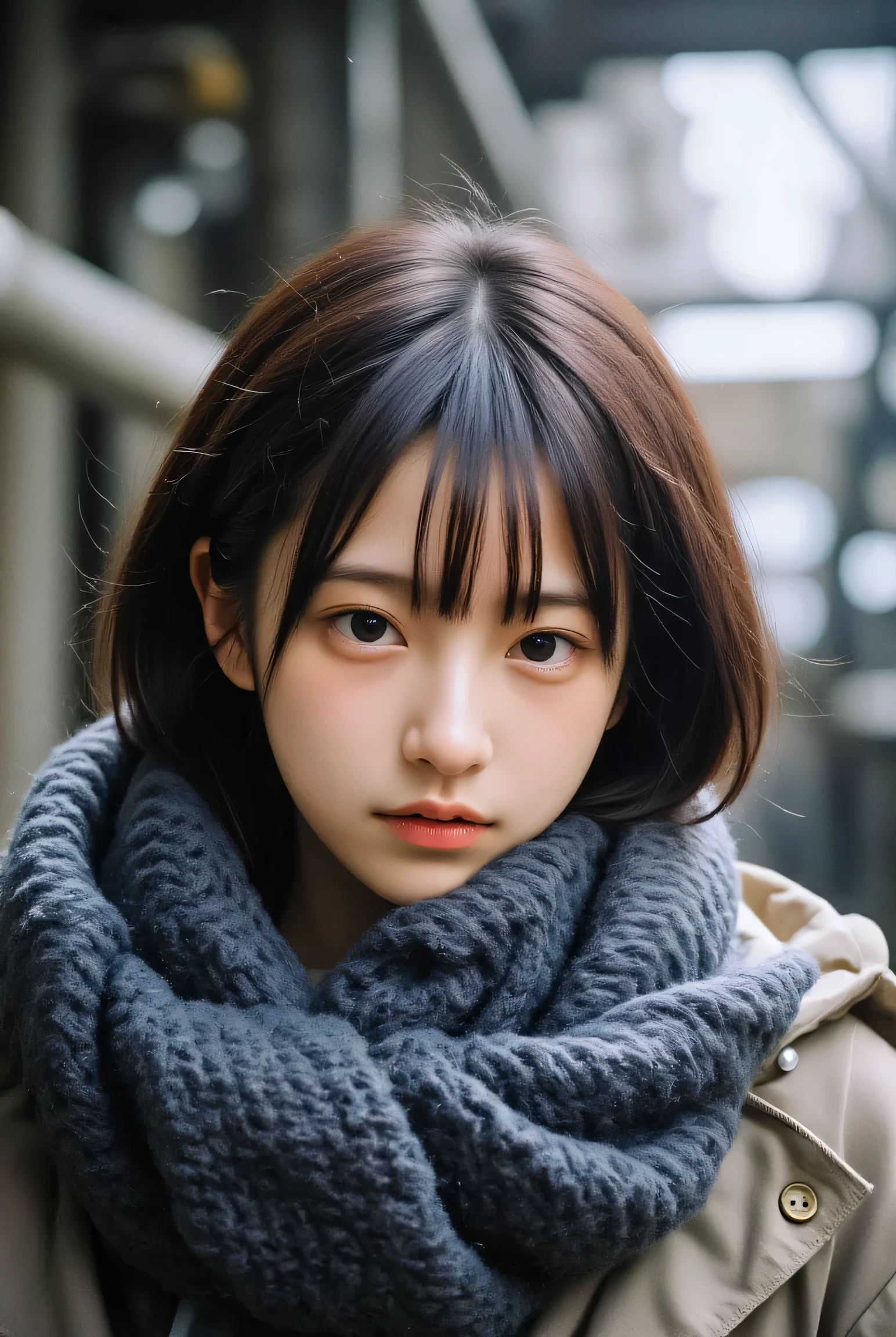 (( in the coal mine without makeup 、 closes the eye 、 closes her mouth:1.2))、( realistic 、 Photo realistic 、 super detailed、 It's on the inside of 、 and has the most detailed skin 、 top quality、 masterpiece on penis 、 ultra high definition )、 very short hair 、、 high school girl with visible armpits 、 young girl、 1 girl、 bang 、 double eyelid、Drooling eyes、 The Face of Japan 、purity、Double teeth、 realistic 肌タイプ、Thick muffler、 grey scarf 、 fluffy hair that pulls the body together、(( the hair is a muffler :1.3))、 red cheeks 、 the wind is blowing 、that' snow is falling 、 knight 、illumination、 and the light shines from behind , cowboy shots、