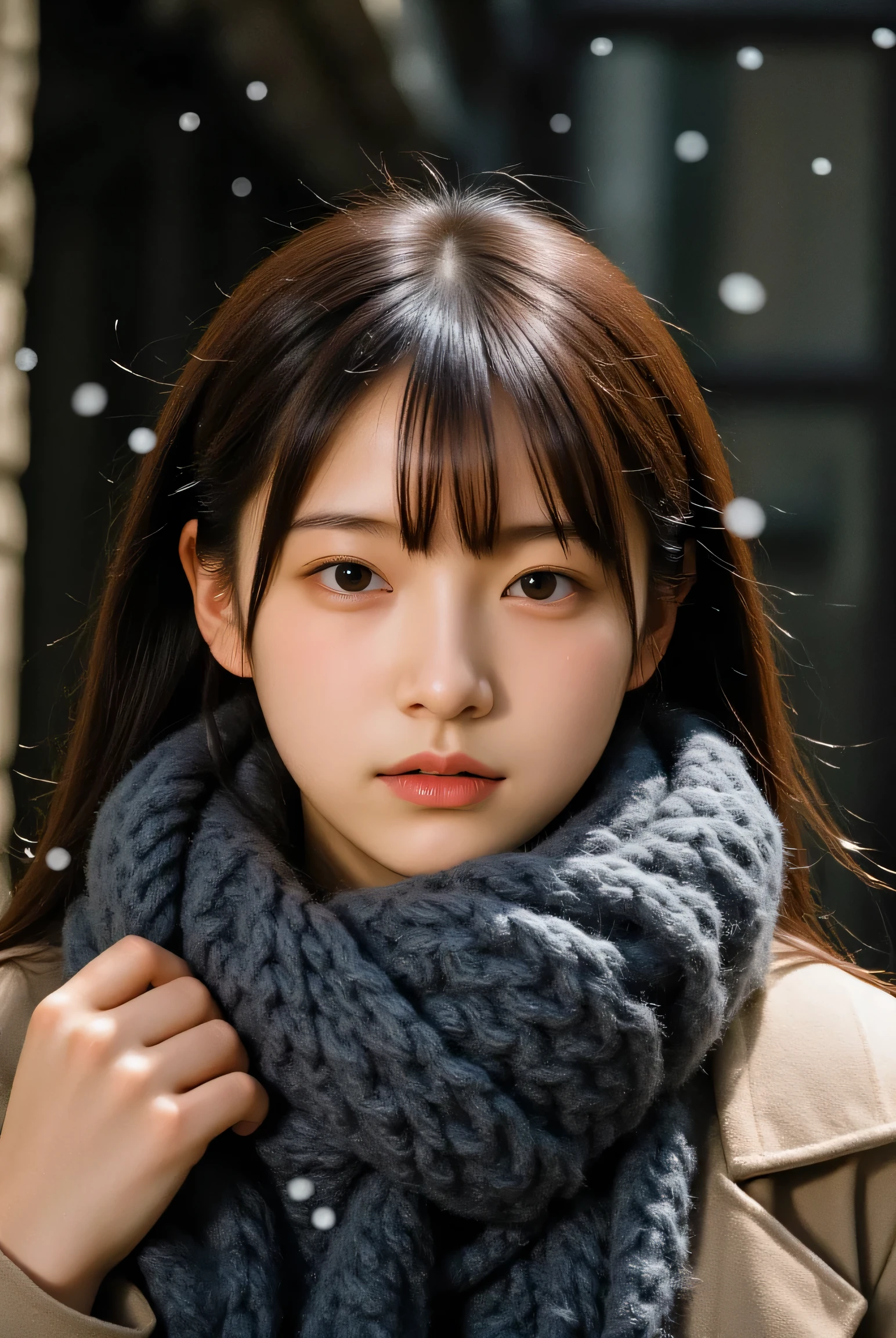 (( in the coal mine without makeup 、 closes the eye 、 closes her mouth:1.2))、( realistic 、 Photo realistic 、 super detailed、 It's on the inside of 、 and has the most detailed skin 、 top quality、 masterpiece on penis 、 ultra high definition )、 very short hair 、、 high school girl with visible armpits 、 young girl、 1 girl、 bang 、 double eyelid、Drooling eyes、 The Face of Japan 、purity、Double teeth、 realistic 肌タイプ、Thick muffler、 grey scarf 、 fluffy hair that pulls the body together、(( the hair is a muffler :1.3))、 red cheeks 、 the wind is blowing 、that&#39; snow is falling 、 knight 、illumination、 and the light shines from behind , cowboy shots、