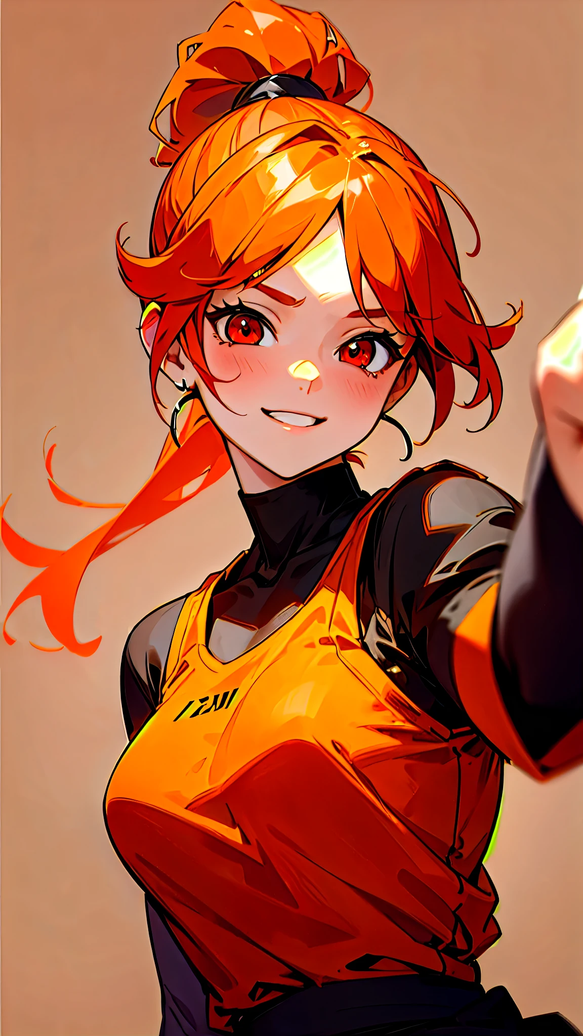 1 Girl、Anime-style paintings、solo、Side Ponytail、Bright orange hair、Bright green eyes、family of shrimp、Blue bodysuit with ethnic pattern、Grin、Small breasts、Red gloves、Light Blue Background, Simple Background, Jump, Lively poses、Upper body close-up