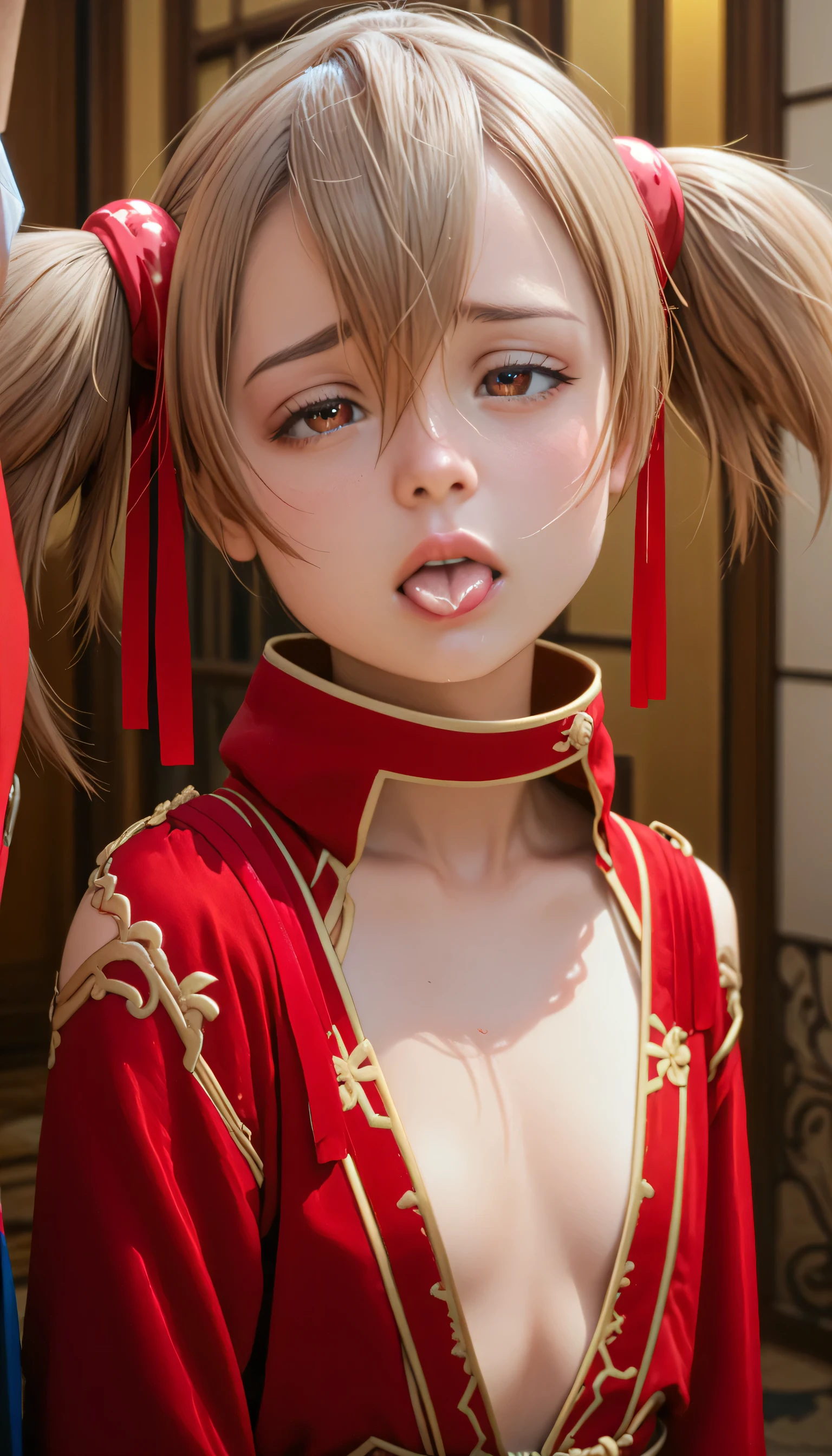 1girl, (Silica), (), red robe, little, sad, light brown hair, close up, sexy, sexy lips, orgasm expression, tongue, tied into two tails, red ribbons, iron chest