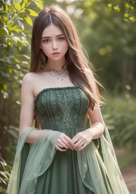 a girl. face sent feeling. Europe. Oval face. long face. delicate facial features. half-closed eyes. seductively seductive. green eyes. long straight hair. green hair. wreath on head. Sad. shy. green silk nightgown. shy sitting posture. straight face. outdoor