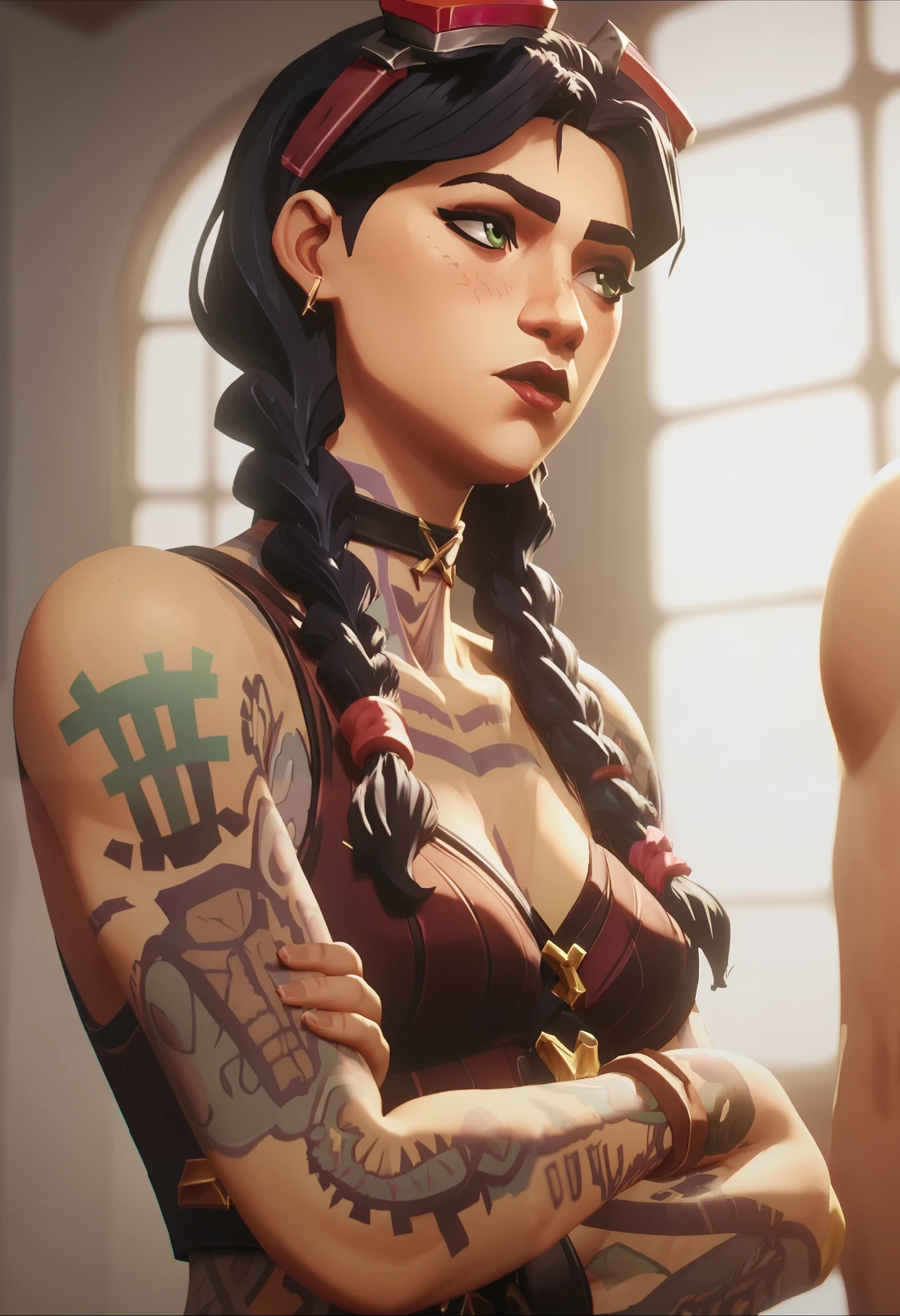 character design, One girl, Jules (fortnite), green eyes, black hair, blushed, freckles, detailed face, beautiful face, looking aside, medium breasts, tattooed body, crossed arms, 