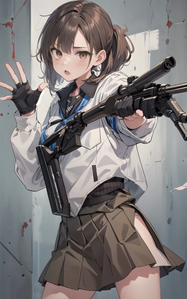    1 girl, Alone,  long hair,  Around town,  camouflage suit,  brown hair,    black hair  ,  gloves, holding,    twin tails ,    Brown Eyes   ,      School Uniforms,    jacket, whole body,    ponytail, arms,  pleated skirt , shoes,   black  gloves, socks,     fingerless  gloves , holding arms, from side, gun, Check pattern, Knee-length, Check pattern スカート,   brown footwear , white    jacket, black socks, , holding gun, rifle,  cigarettes, brown skirt, sniper rifle, Firing, Range   , Suppressor
