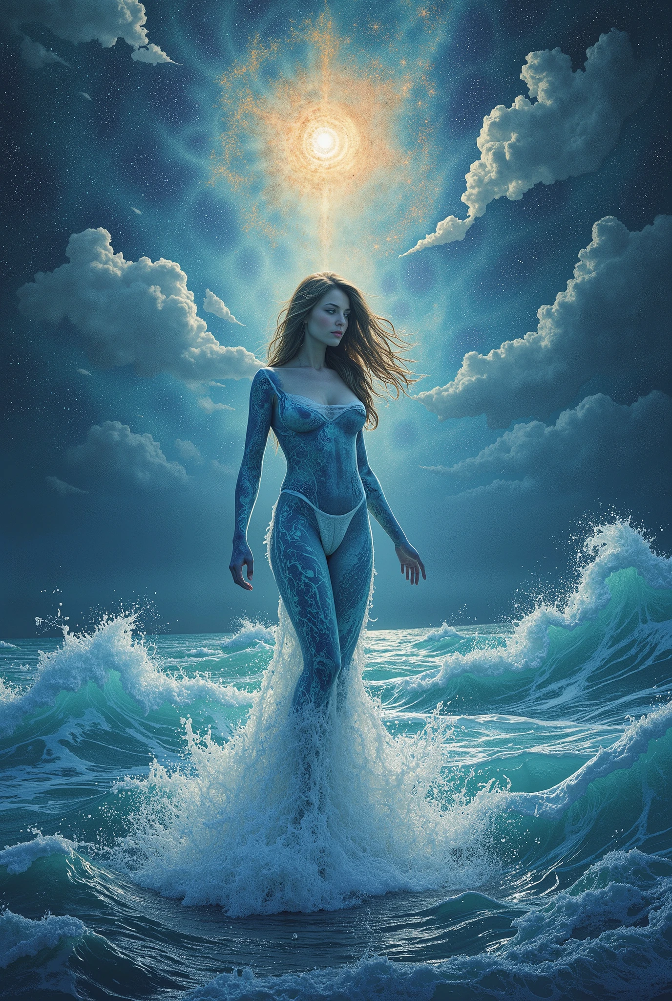beautiful goddess emerging from the ocean, caucasian girl with shiny silver hair, full female body, golden eyes, wild waves, big waves, oriental mandala tattoos, transparent dresses, skin wet with water, stormy sky, sunset sky red stormy clouds, ancient temple floating in the sea, floating old clock, lamp, lantern, beautiful girl with a slight smile, transparent blouse, black vikini, fantasy, fractal,, Sakimichan-style art, slight smile, legs open, pubic hair view, 1 sexy girl, exposed breasts, open transparent T-shirt, Mandala and flower tattoos, Best Quality ,black hair fused with platinum and gold, naked girl, visible beautiful pubic area, pink pesons, small breasts in sight, tattoos on the naked body, old floating clock, lamp, lantern , skin wet with water, open legs,multicolored sea waves, full body, sea goddess rising from water and waves,, beautiful girl closeup view,, Belinda, blonde brown hair, dappled sunlight, luminescent glow orange cyan liquid lamp, liquid splash art, sky with storm and a psychedelic nebula silhouette, tribal, wide angle shot, red, green, brown, luminescent glow colors liquid, digital painting, by Koos Roos art, sharp focus, studio shot, intricate detail, effect splash, small bubbles floating, highly detailed, sharp focus, studio shot, intricate detail, highly detailed, by Koos Roos, multicolored ocean, psychedelic moving waves, long hair fused into multicolored sea waves, light lantern, lamp and antique clock,water-soaked skin and clothing, mujer desnuda, nalgas grandes, dama desnuda,magical dimensional portal, beautiful girl in the foreground, well-detailed perfect female body, sexy pose, provocative pose,naked girl, visible beautiful pubic area, pink pesons, small breasts in sight, tattoos on the naked body,view from below,bubble motifs, underwater architecture like ancient ruins or underwater castles, water currents and ripples, contrast between deep-sea darkness and emitted light, cinematic lighting, dynamic lighting, intricate