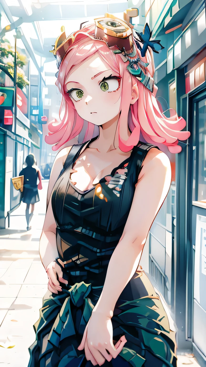  Masterpiece  ,  top quality,  1 girl,  My Hero Academia,Discovered, black tank top,You can see the cleavage from her chest,bird,  seagull , null, cloud, polka_dot, green_null, Alone, cloudy_null, bug,  butterfly , day, , Swarm, Outdoor, Abigail