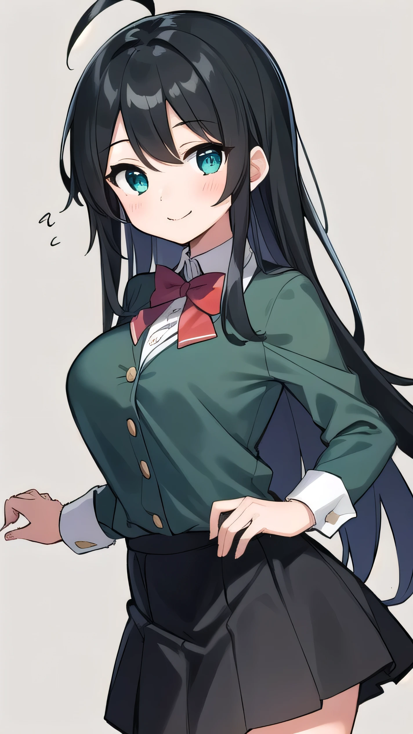 Junior high school student who looks like an elementary school student, 14 years old, very short, 140 cm tall, black hair with a slight green tinge, short ahoge, beautiful long hair but with a little hair sticking out, beautiful round eyes, blue eyes, smile, boyish, long sleeves, Thick clothes, skirt, big breasts, hair longer than waist, long hair, childish face, gentle smile, a little shy, black skirt, black hair with a slight green tinge, boyish, gentle smile, jacket one size larger, ( Deep greenish black hair: 1.3)