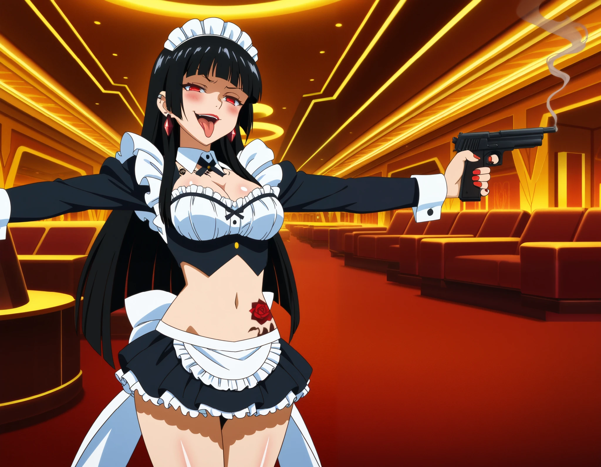 yumeko, black hair,red eyes,bangs,lips,blunt bangs,hime cut,nail polish, red nails,
, evil smile, smug, smirk, anime coloring, unusually open eyes, ear piercing, long hair, blush, lipstick,Hot girl, baddie, smoking, sensual, attractive ,,casino, jewelry, earrings, complex detailed background, casino environment, fancy interior environment, rich
interior, masterpiece, best quality, highly detailed, a anime girl in maid uniforms, holding pistol, maid
outfit, cleavage, evil smile, smile, open mouth ,ecchi anime style, anime girls, ecchi style, ecchi, digital
anime art!!, in anime style, official artwork, (nsfw) not safe for work, beautiful anime maid girl, anime
style 4 k, micro skirt, exposed belly, exposed navel, exposed midriff, exposed lower belly, holding a gun,, tattoo on body, tattoo midriff, rose tattoo, shiny skin,tongue out, open
arms sideway, arms T-pose, smirk, standing, anime girl T posing, 