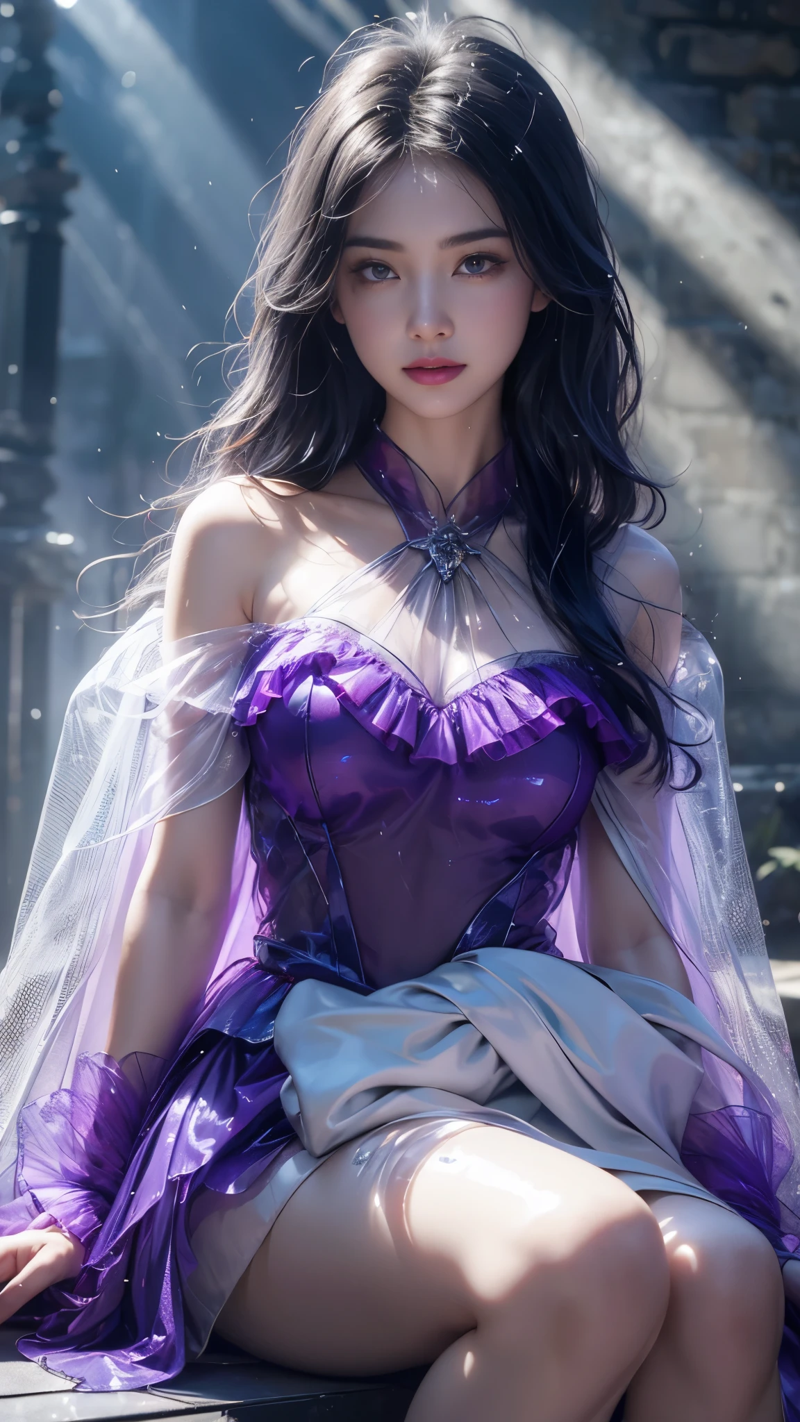 a beautiful ice goddess, good face, very long hair, purple hair, realistic eyes, small breasts, ice magician, ice elemental, intricate design and details, chilling mist, cold, blizzard storm, conjuring ice spell, casting ice spell, detailed dress, (purple dress:1.5), bare waist, realistic ice effect, snow particles, dark fantasy art style, ruined city, dramatic lighting, cinematic, sitting,