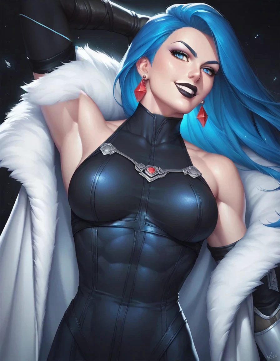 KillerFrost,short dark blue hair, solo, blue eyes, blue lips, blue skin,
KFattire,elbow gloves,thighhighs,fur trim,bridal gauntlets,thighs,boots,detached sleeves,blue leotard,collarbone,
standing, upper body, evil smile, midriff, cleavage, white cape,
ice park, Gotham city, night, snow,
(insanely detailed, beautiful detailed face, masterpiece, best quality)