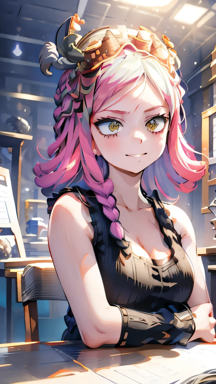  top quality, Masterpiece  ,  1 girl,  My Hero Academia,Discovered, black tank top,You can see the cleavage from her chest,Alone, modelshoot, wonderful,  Arena, (((portrait))), horn, Deer ears,  users who are heartbroken, smile, , hairpin,((  braided )),  hair ornament, (( hair clip)), 