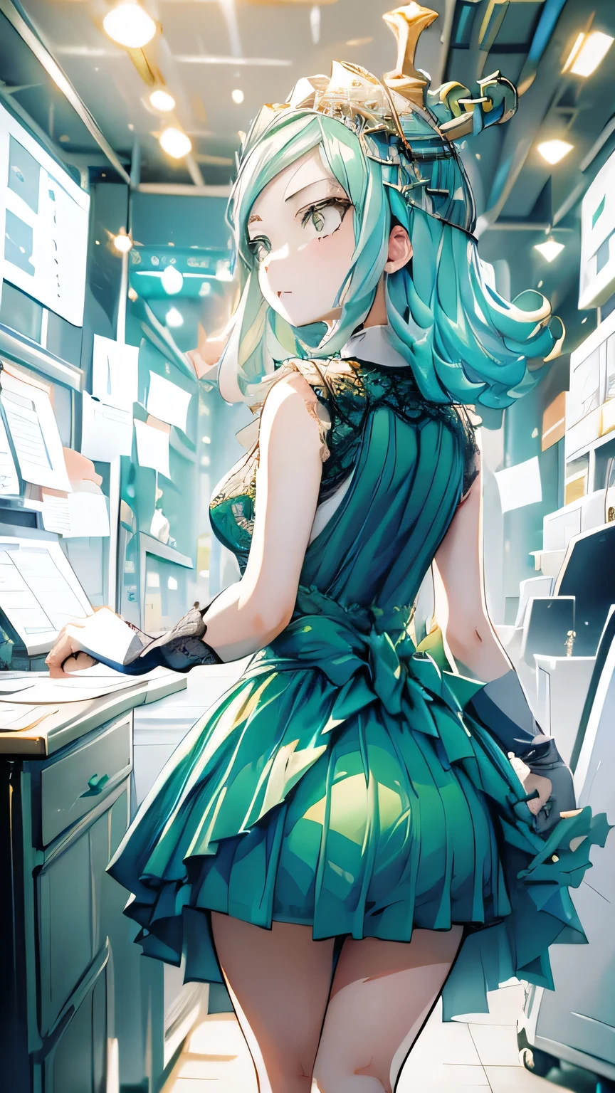 ((High quality work)), The text is clear and concise ,  My Hero Academia,Discovered,You can see the cleavage from her chest,The green dress and the beautiful pleated lace complement each other., This enriches the overall picture's layers ,  The elegant Edwardian lace dress and princess skirt add a lot of charm to the character, Gesture of turning the back of the hand , It also expresses the gentle and elegant side of women..