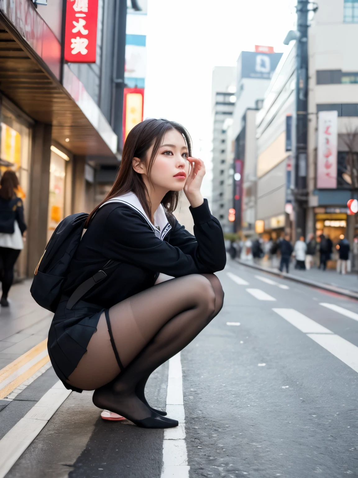 top-quality、hight resolution、ultra-detailliert、masterpiece、Raw photography、realisitic、Photorealsitic、extremely delicate and beautiful、finely detail、1womanl、Solo、(Super beautiful)、(beauitful face:1.5)、Clear pubic contours、Squatting、Spread your legs、(white panties:1.4)、(high-school uniform)、(Dark blue pleated skirt)、(Wear black loafers)、(Sidewalk in Shibuya at night)、Neon sign、(At SFW:1.1)