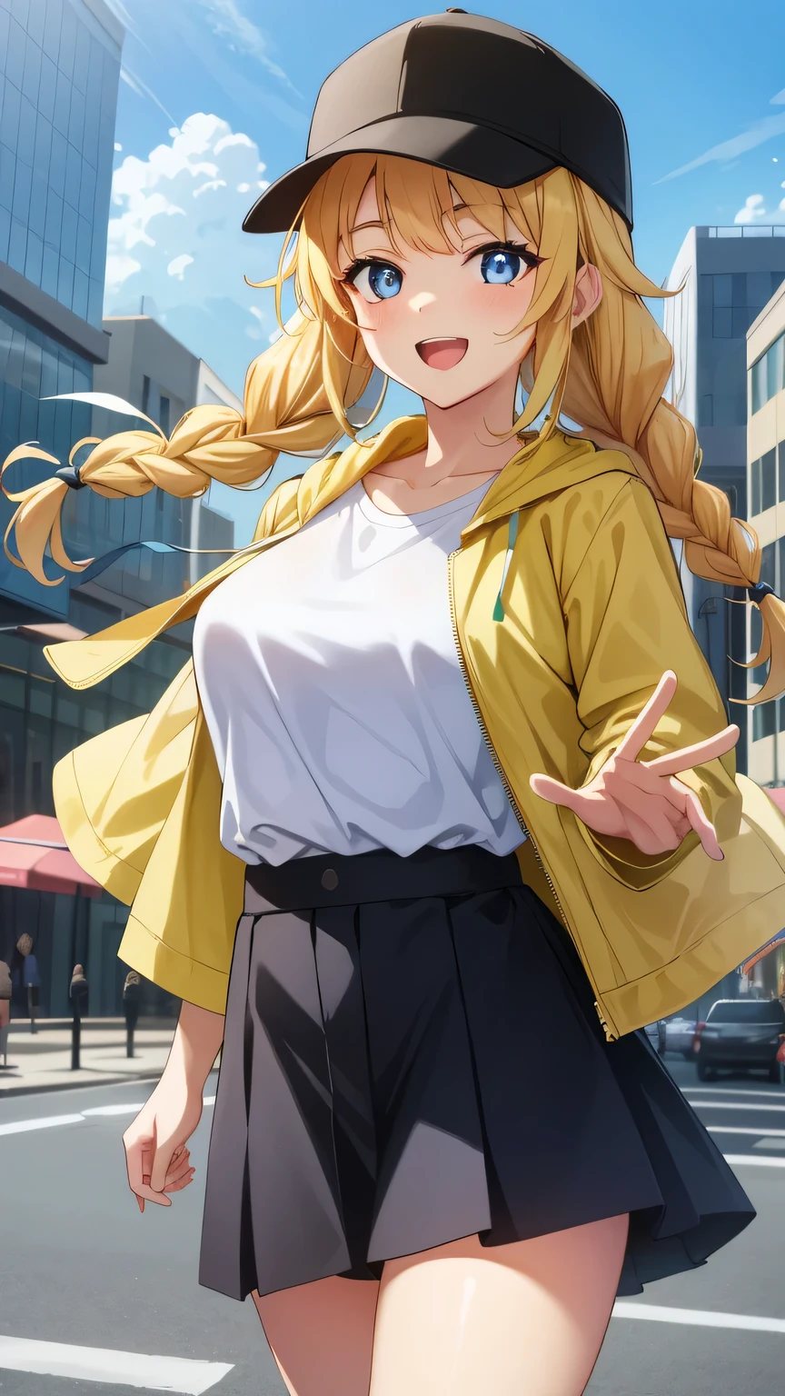 {{{masterpiece}}}, (best quality:1.5), (ultra-detailed:1.5), {illustration}, {{an extremely delicate and beautiful}}, (beautiful detailed eyes:1.5), absurdres, highres, extremely detailed face, 16k, hd, visual anime de uma jovem mulher, extremamente bonito rosto de anime, anime melhor garota, (perfect hands, perfect anatomy), anime face, Eiko Tsukimi(Ya Boy Kongming!), 1girl, solo, cute face, long hair, twin braids, braid, blonde hair, sidelocks, bangs, flushed cheeks, blue eyes, big eyes, medium breasts, thin waist, big hips, curvaceous, plump thighs, BREAK, black headwear, baseball cap, open clothes, multicolored jacket, open jacket, t-shirt, white shirt, clavicle, shirt tucked in, denim skirt, black microskirt, BREAK, open mouth, smiling, flushed cheeks, walking, looking at viewer, outdoor, city, building, sky, daytime, cowboy shot