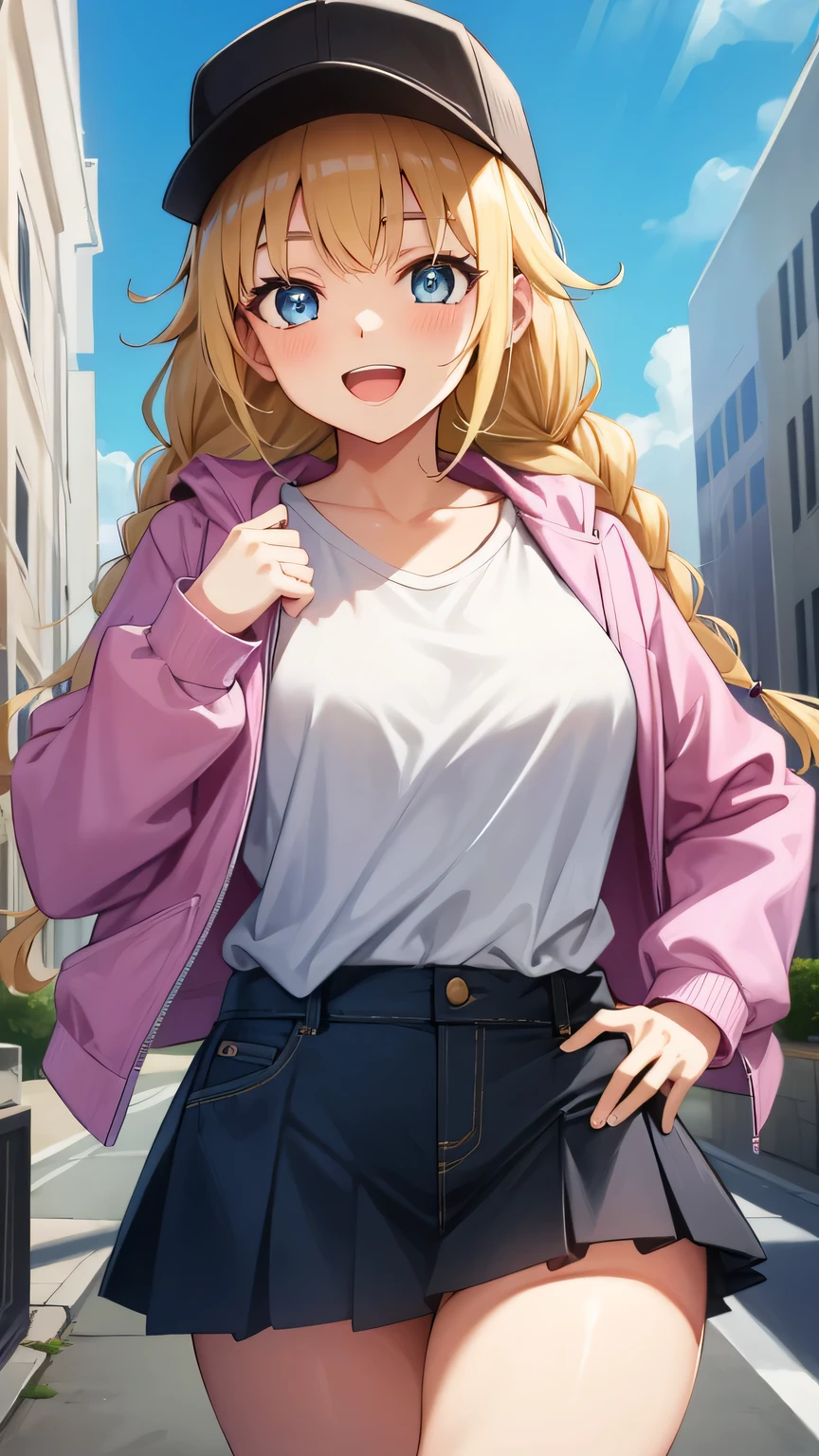 {{{masterpiece}}}, (best quality:1.5), (ultra-detailed:1.5), {illustration}, {{an extremely delicate and beautiful}}, (beautiful detailed eyes:1.5), absurdres, highres, extremely detailed face, 16k, hd, visual anime de uma jovem mulher, extremamente bonito rosto de anime, anime melhor garota, (perfect hands, perfect anatomy), anime face, Eiko Tsukimi(Ya Boy Kongming!), 1girl, solo, cute face, long hair, twin braids, braid, blonde hair, sidelocks, bangs, flushed cheeks, blue eyes, big eyes, medium breasts, thin waist, big hips, curvaceous, plump thighs, BREAK, black headwear, baseball cap, open clothes, multicolored jacket, open jacket, t-shirt, white shirt, clavicle, shirt tucked in, denim skirt, black microskirt, BREAK, open mouth, smiling, flushed cheeks, walking, looking at viewer, outdoor, city, building, sky, daytime, cowboy shot