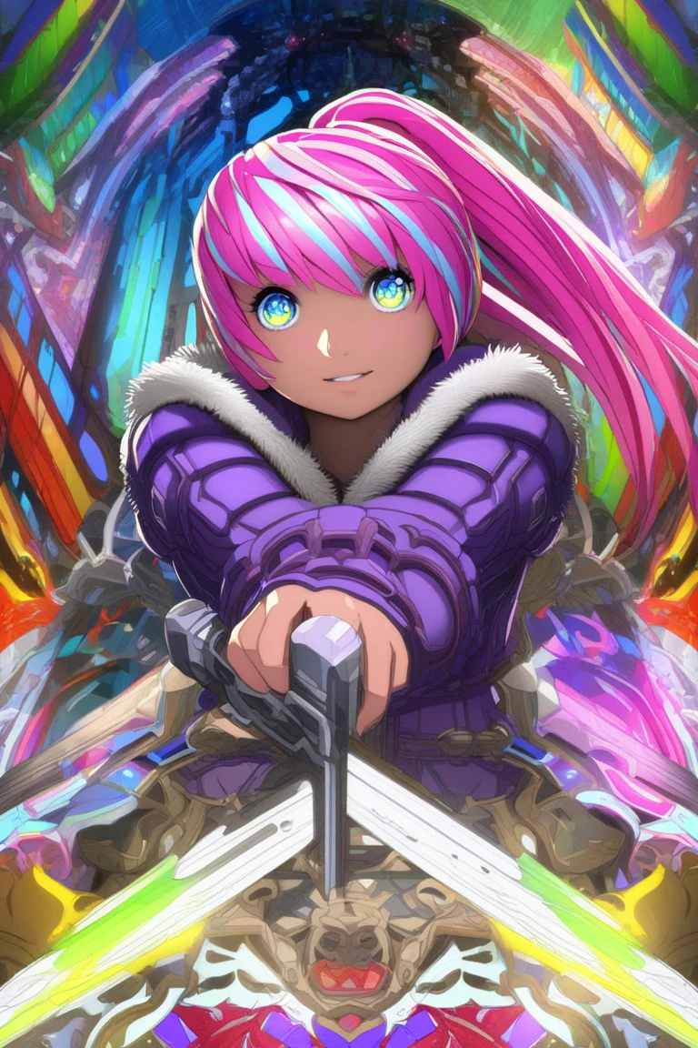 (EyesHD:1.2), masterpiece, best quality, ultra-detailed, very aesthetic, sharp focus, depth of field, vibrant colors, ray tracing, best lighting, detailed illustration, detailed background, cinematic, beautiful face, beautiful eyes, 1girl, leaning forward, smiling, pink hair, ponytail, long hair, holding swords, dual wielding, gloves, cropped jacket, fur trim, purple jacket, armored breastplate, armored skirt, multicolored hair, streaked hair, gradient hair, Sparkling eyes, Glowing eyes, High-definition eyes, Ultra HD eyes, Super HD eyes, Hyper-realistic eyes, Crystal-clear eyes, (beautiful detailed eyes), Textured eyes, Defined eyes, Colorful eyes, Bright eyes, Stylistic eyes, stunning eyes, Cinematic eyes,