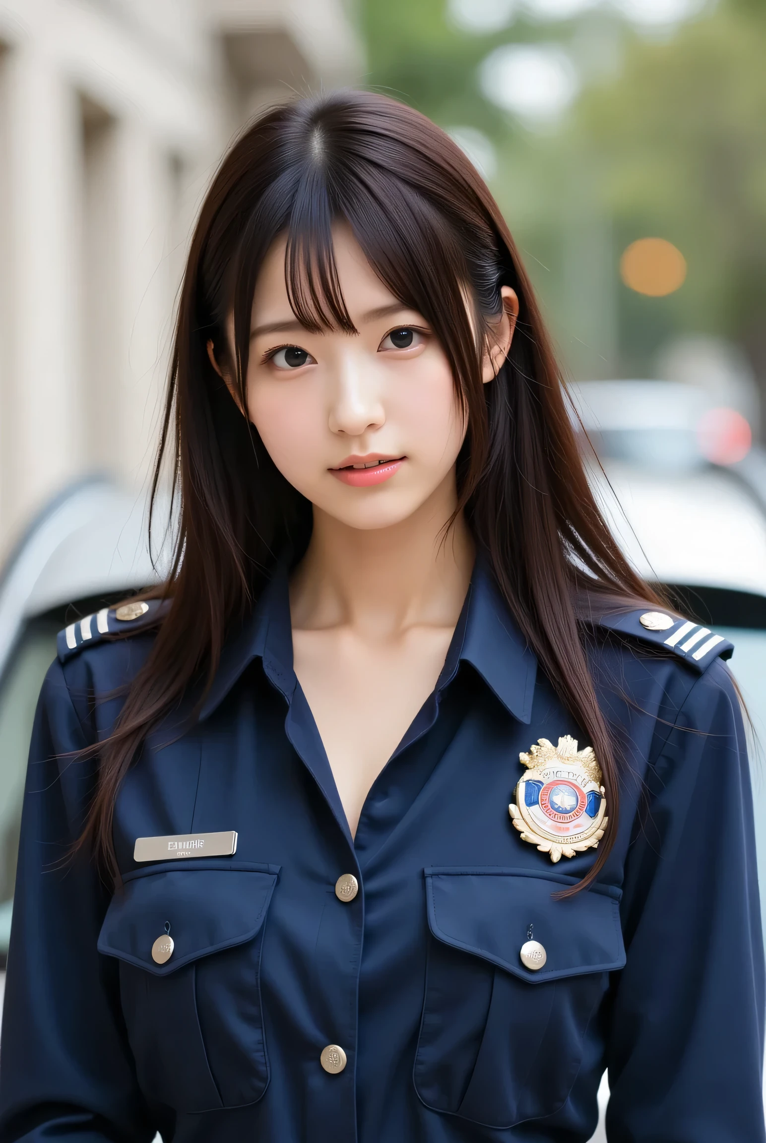Hugs_Beauty_ face is a Korean female police officer . In a Korean police car , she opens a police officer's uniform shirt to reveal her big breasts . and、 She lowers her cop skirt to reveal her hairy pussy. she is carrying a baton, the girl with the 、 has a whistle around her neck . film photography and porn NSFW style ,