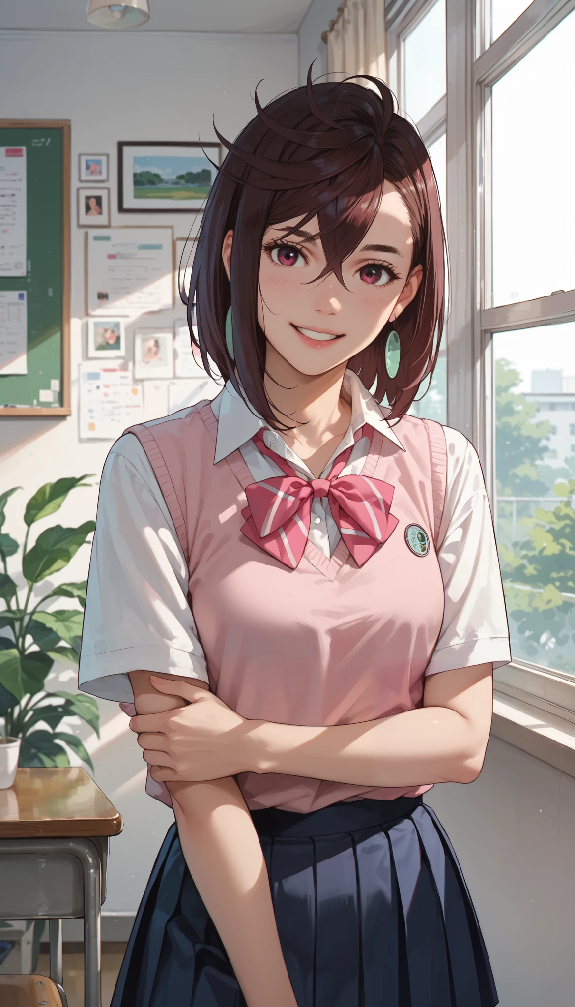 Momose Momo , indoor, smile, school uniform, pink vest