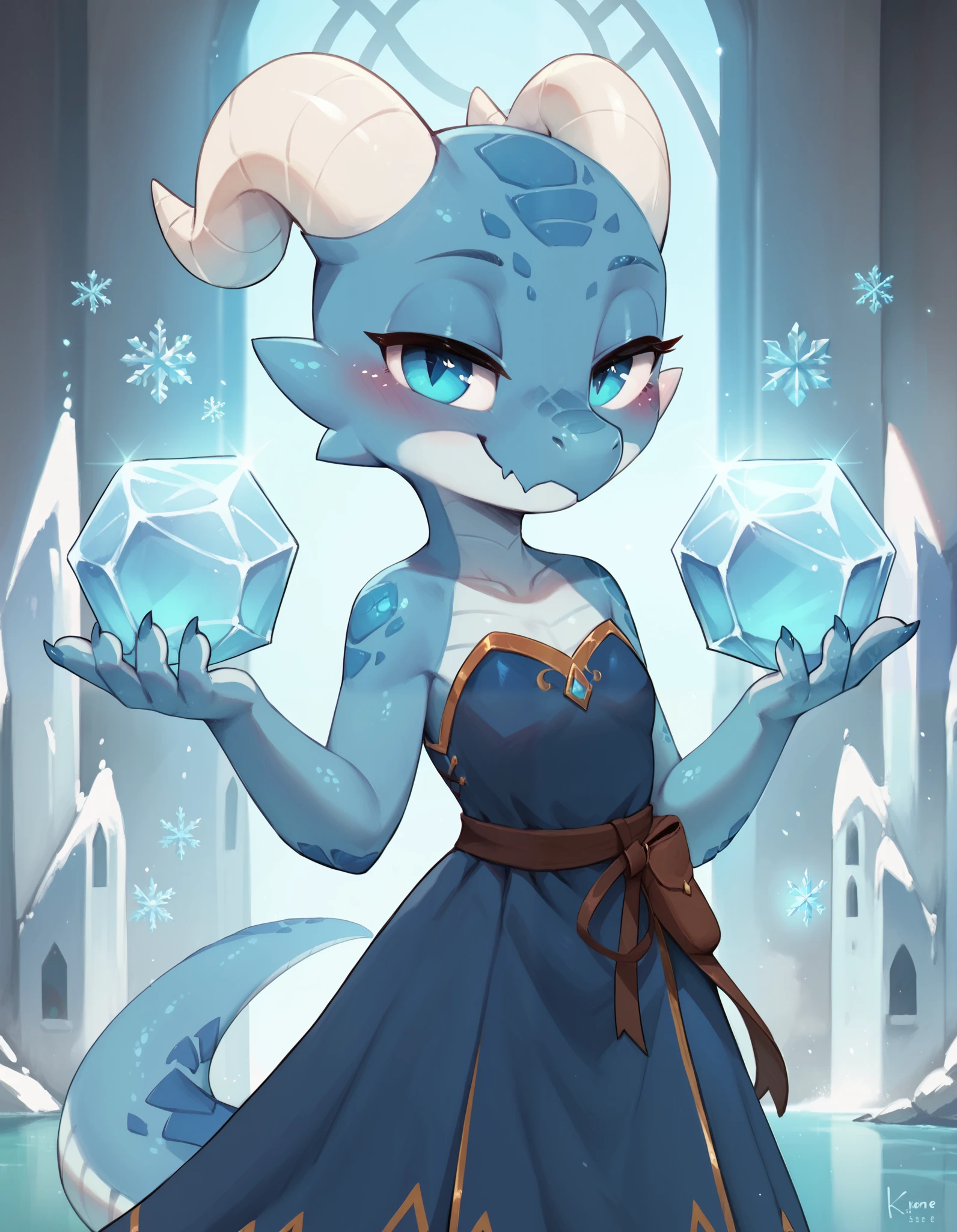 score_9, score_8_up, score_7_up, score_6_up, innocent and alluring, masterpiece, best quality, cool tone color, 1girl, cute, anthro, female, kobold, short stature, light-blue scales, frosted scales, white horns, sapphire pupils, half-closed eyes, emotionless, dark-blue dress, standing, detailed scales, snowflakes, ice castle