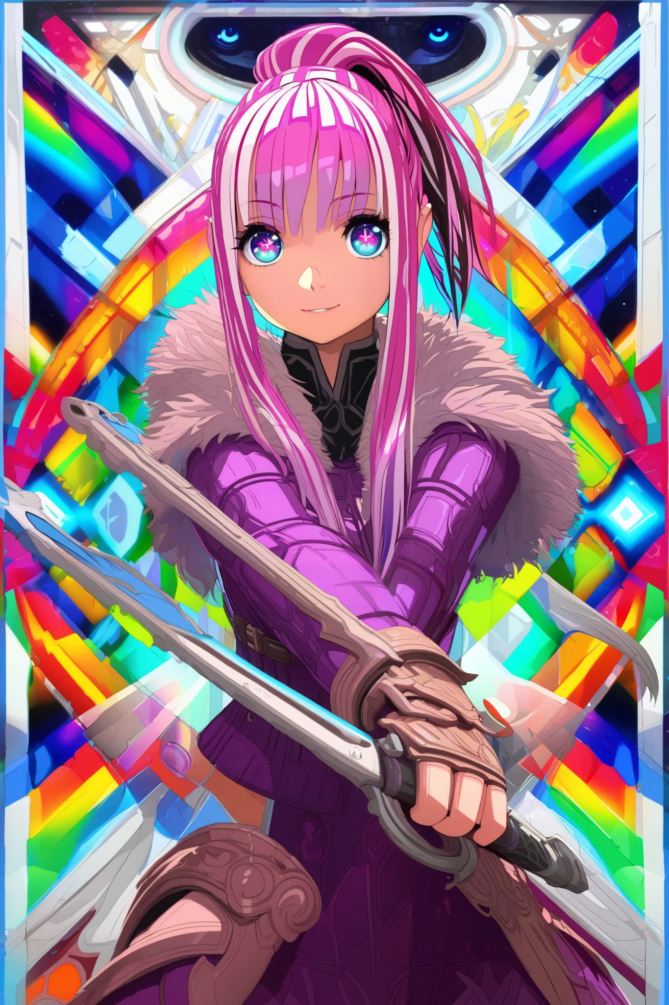 (EyesHD:1.2), masterpiece, best quality, ultra-detailed, very aesthetic, sharp focus, depth of field, vibrant colors, ray tracing, best lighting, detailed illustration, detailed background, cinematic, beautiful face, beautiful eyes, 1girl, leaning forward, smiling, pink hair, ponytail, long hair, holding swords, dual wielding, gloves, cropped jacket, fur trim, purple jacket, armored breastplate, armored skirt, multicolored hair, streaked hair, gradient hair, Sparkling eyes, Glowing eyes, High-definition eyes, Ultra HD eyes, Super HD eyes, Hyper-realistic eyes, Crystal-clear eyes, (beautiful detailed eyes), Textured eyes, Defined eyes, Colorful eyes, Bright eyes, Stylistic eyes, stunning eyes, Cinematic eyes,