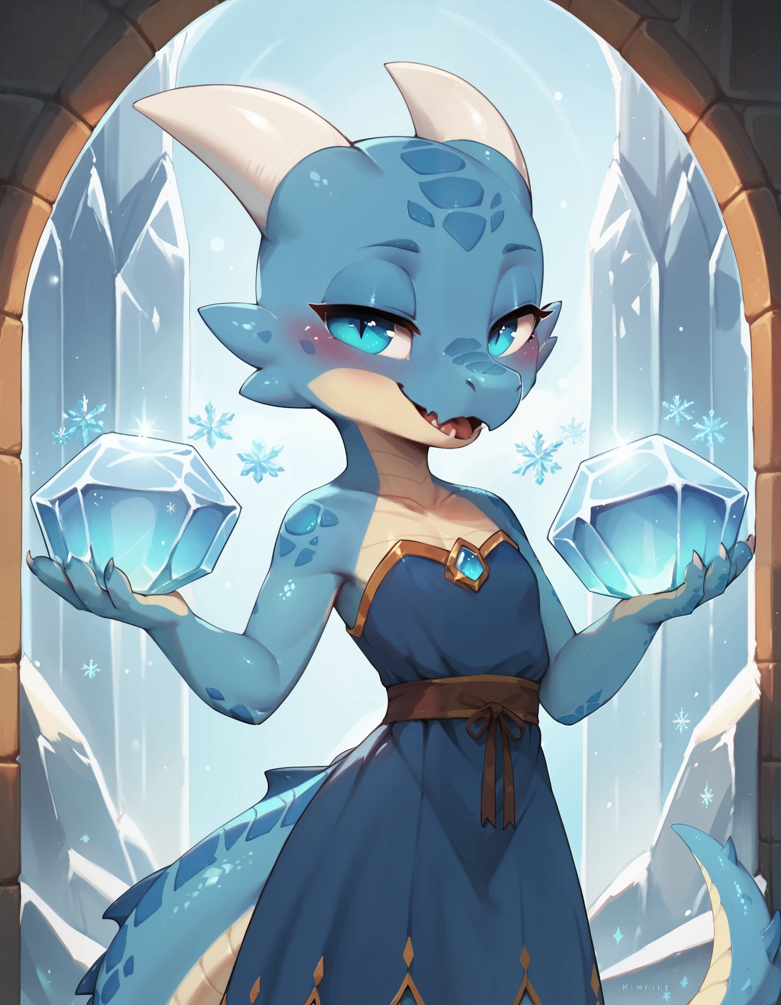 score_9, score_8_up, score_7_up, score_6_up, innocent and alluring, masterpiece, best quality, cool tone color, 1girl, cute, anthro, female, kobold, short stature, light-blue scales, frosted scales, white horns, sapphire pupils, half-closed eyes, emotionless, dark-blue dress, standing, detailed scales, snowflakes, ice castle