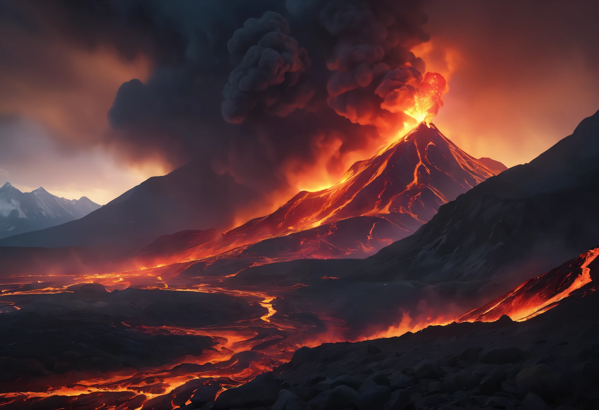 volcanic eruption, lava flow, silhouette of a burning mountain in the dark, dramatic sky, apocalyptic landscape, glowing embers, scorched earth, billowing smoke, vivid colors, cinematic lighting, hyper-realistic, ultra-detailed, photorealistic, (best quality,4k,8k,highres,masterpiece:1.2),ultra-detailed,(realistic,photorealistic,photo-realistic:1.37)