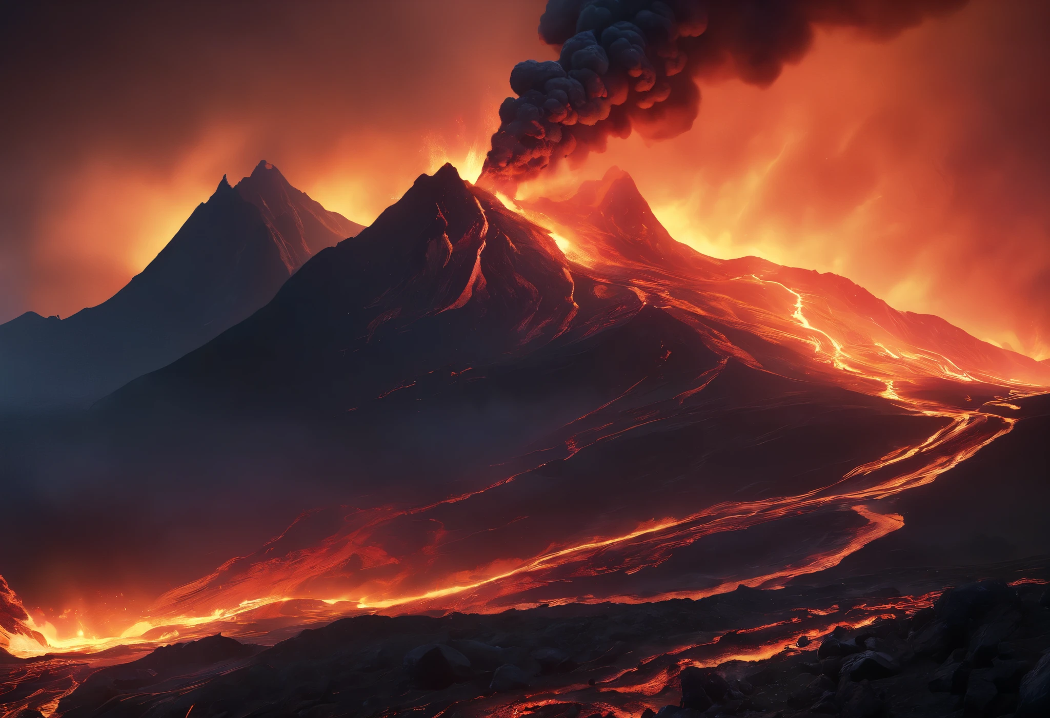 volcanic eruption, lava flow, silhouette of a burning mountain in the dark, dramatic sky, apocalyptic landscape, glowing embers, scorched earth, billowing smoke, vivid colors, cinematic lighting, hyper-realistic, ultra-detailed, photorealistic, (best quality,4k,8k,highres,masterpiece:1.2),ultra-detailed,(realistic,photorealistic,photo-realistic:1.37)