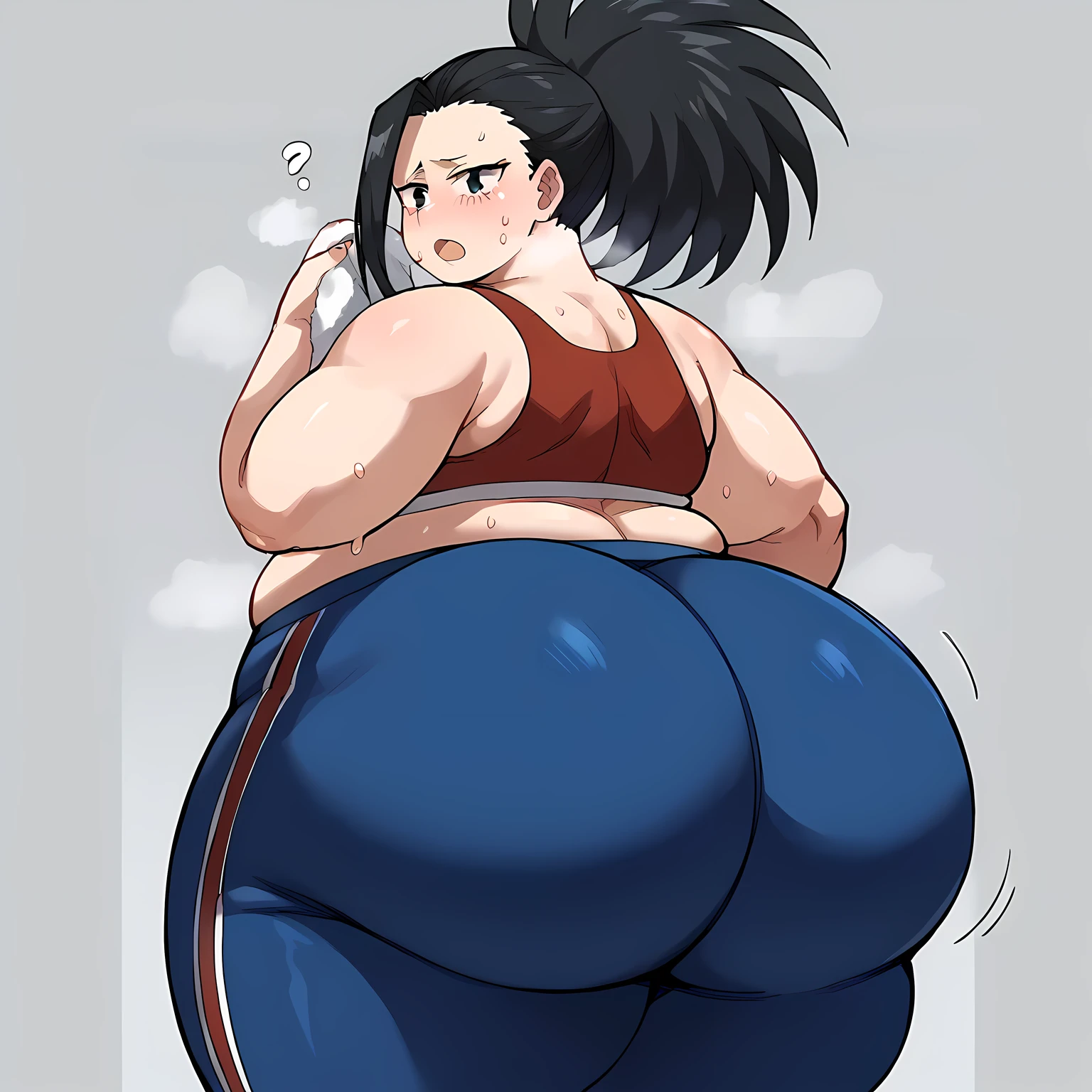 score_9, score_8_up, score_7_up, source_anime,yaoyorozumomo, yaoyorozu momo, long hair, bangs, black hair, ponytail, black eyes, high ponytail, wide ponytail,medium breasts,, wiping sweat, towel, holding, sweat, holding towel, looking at viewer, open mouth, sports bra, yoga pants, steam, gym,, huge ass, fat, chubby, obese, open mouth, out of breath, absurdres, highres icon, rating:General, confused, blush,, {flustered}, nervous sweating, portrait, pov ass, hand on another's ass, averting eyes, [looking away], straight-on, from behind, swollen face, bulging belly, looking back at viewer, ass grab, masterpiece, best quality, ultra-detailed, high resolution, 8K, 