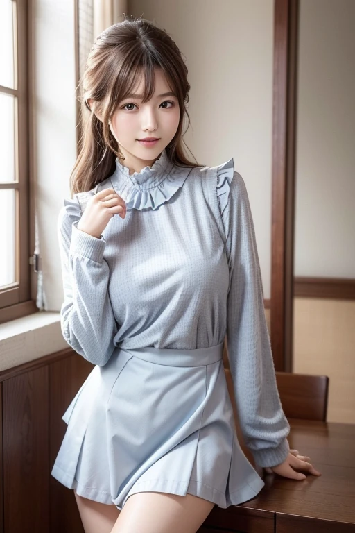  スカートとスカーフを身に着けて床に座っているwoman,   nice, 日本人モデルのwoman、 Fashion Model , beautiful, Frilled collar , Mute colored bodysuit and miniskirt, Elegant clothes, woman, ゴージャスなwoman, beautiful, light blue grey, Cheerful,  wearing elegant clothes 、 look at the camera、詳細でbeautiful目、Bright expression、 cute smile、A soft and gentle smile