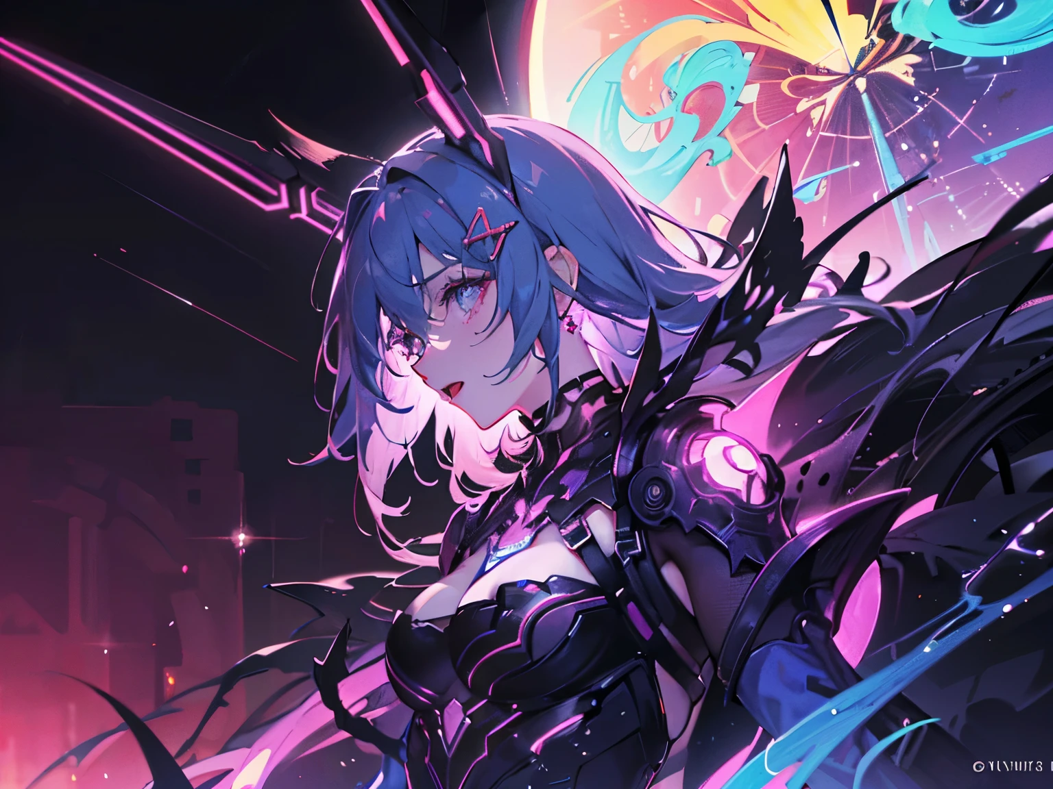 a rainbow colored sensual woman, short dress, fluttering hair, rainbow colored cosmic nebula background, stars, galaxies, cosmic horror