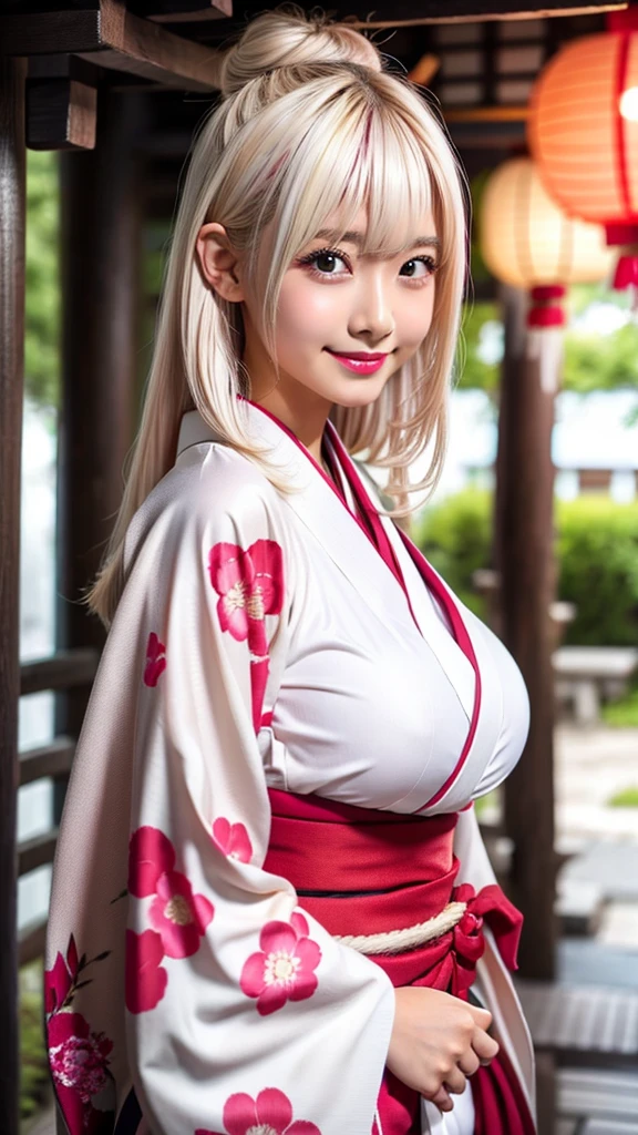 samurai girl, adorable, cleavage, red and black kimono, sakura tree, blonde hair, detailed face, model pose