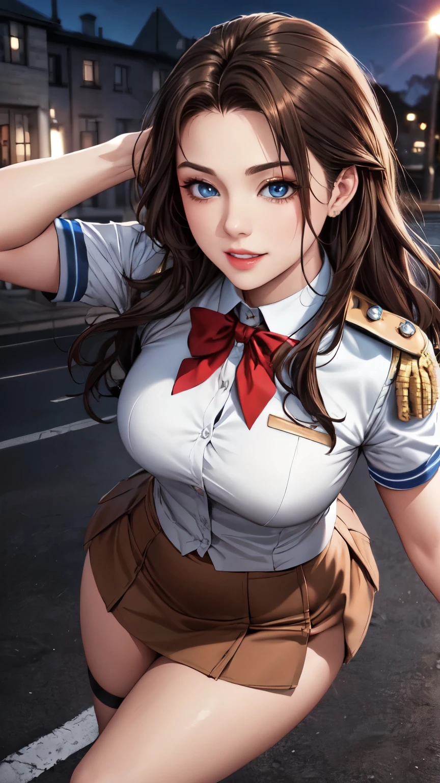 Idol,  big smile  、 energetic sexy pose 、 penetrates 、Flashy clothing、(   Long Brown Hair  : 1.5), ( miniskirt uniform   : 1.5), (stand up : 1.3), ( Charming eyes :1.3)、 beautiful blonde  ,   blue eyes、 Best Smile 、( School Background  : 1.4),（ Masterpiece  :1.0),( top quality:1.0), 超  high image quality,4K,   very detailed,  high image quality,   Kodak Portrait 400  ,   film grain  ,   Lens Flare Glow  ,  top quality, 8k,    full moon night as a plump and plump   ,8k、   viewer , (((Front View))), ((facing))、(  The screen is facing the front   : 1.5)、   small face  ,  top quality、 Super beautiful images、 top quality,  anime style,  beauty of the face ,  Masterpiece  、 there is nothing、The best eyes, Beautiful Makeup、 top view 