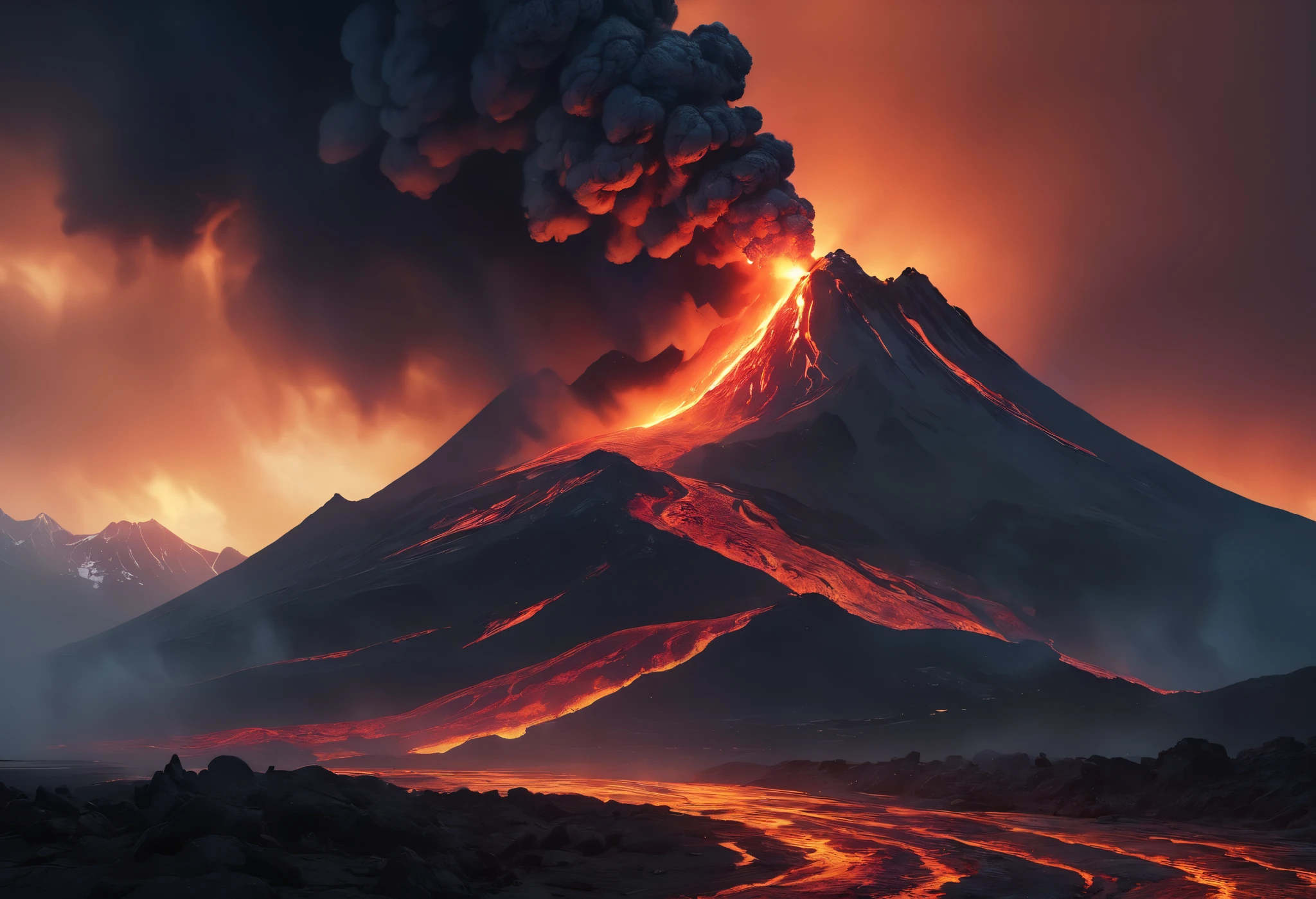 volcanic eruption, lava flow, silhouette of a burning mountain in the dark, dramatic sky, apocalyptic landscape, glowing embers, scorched earth, billowing smoke, vivid colors, cinematic lighting, hyper-realistic, ultra-detailed, photorealistic, (best quality,4k,8k,highres,masterpiece:1.2),ultra-detailed,(realistic,photorealistic,photo-realistic:1.37)