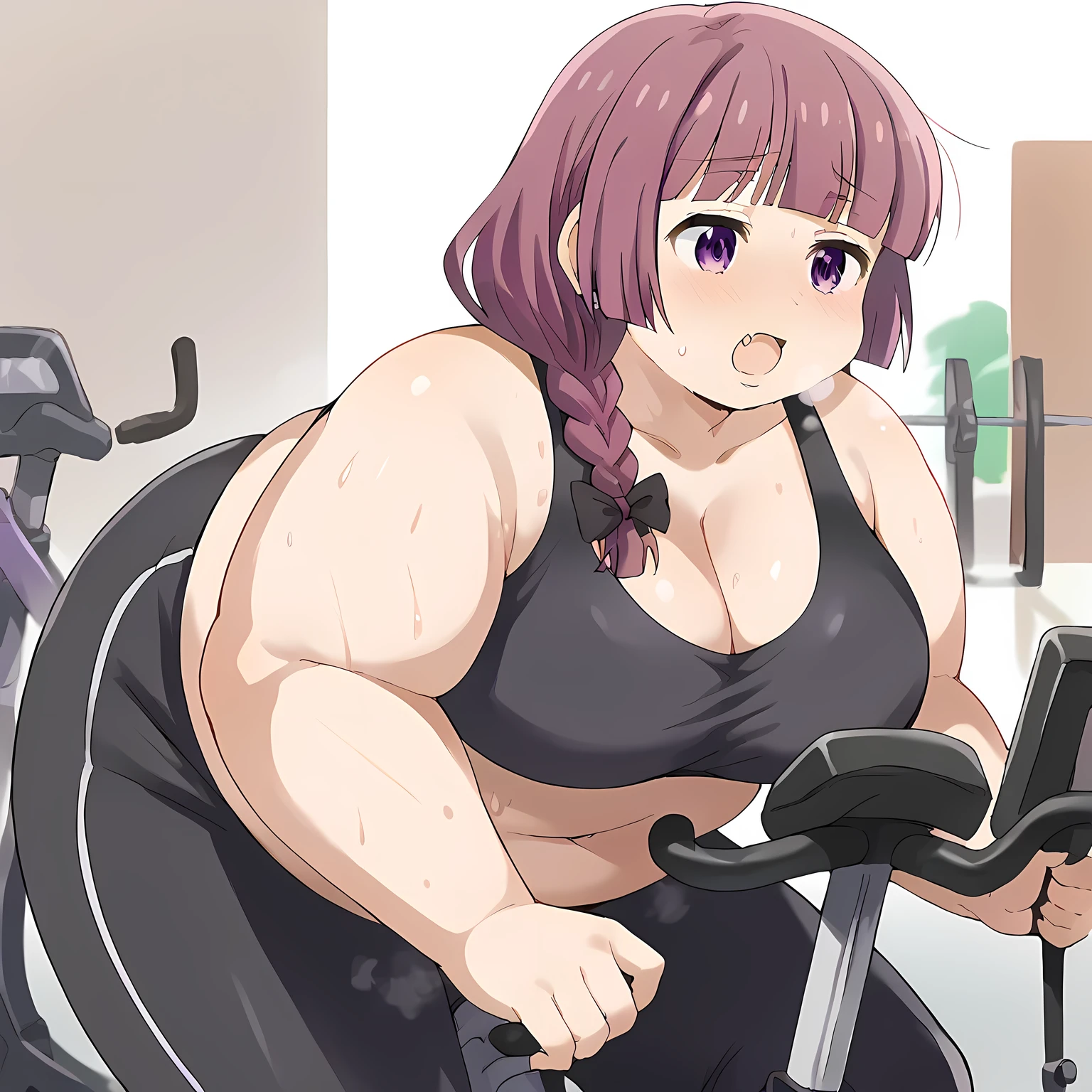 score_9, score_8_up, score_7_up, source_anime, kikurihiroi, kikuri hiroi, black bow, blunt bangs, braid, purple eyes, fang, hair bow, hair over shoulder, long hair, purple hair, sidelocks, single braid exercise bike, bike, sitting, bent over, exercise machine, exercising, sports bra, yoga pants, open mouth, sweating, steam, cleavage,, , cowboy shot fat, chubby, obese, gigantic arms and legs, large breasts open mouth, out of breath