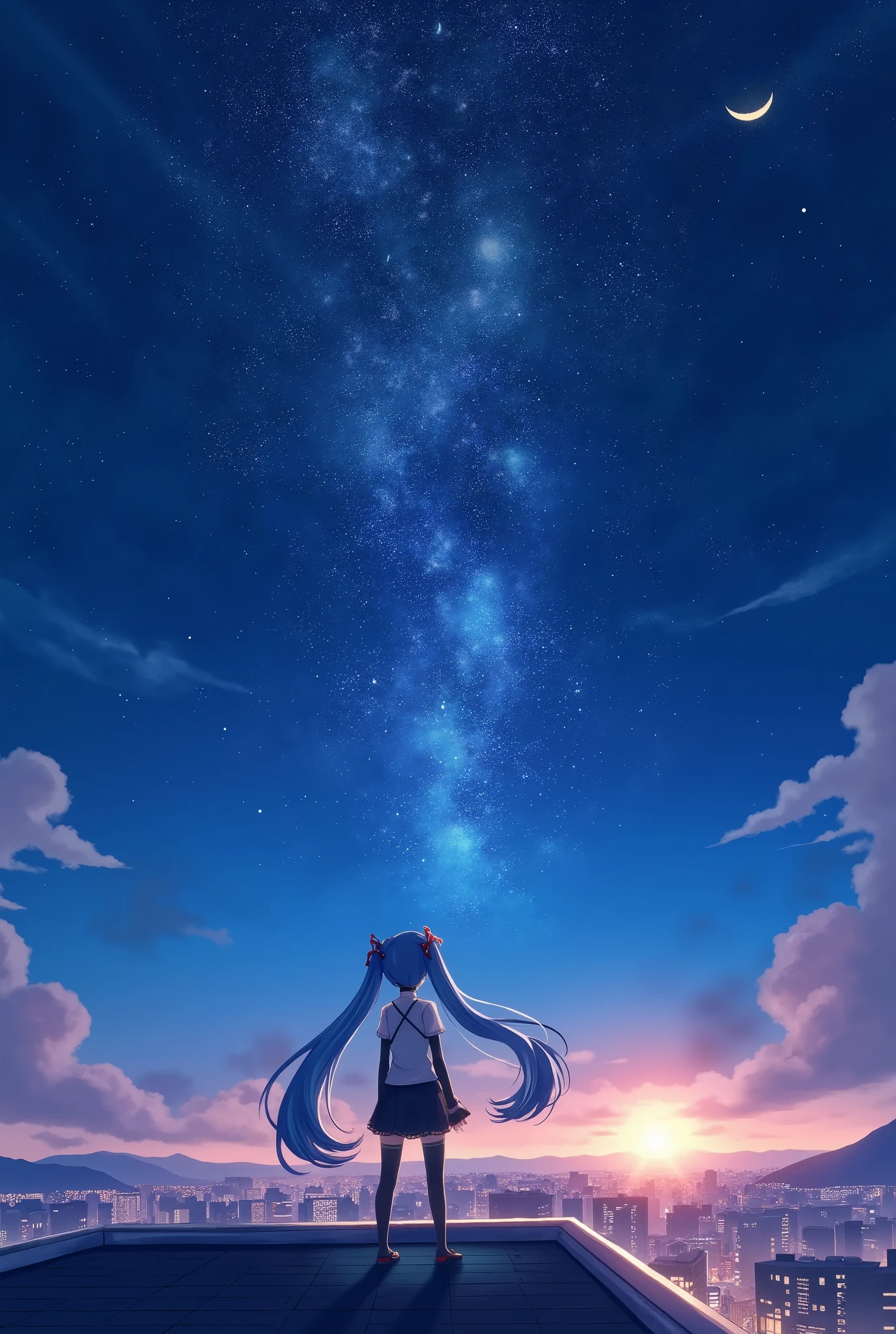 (masterpiece、 top quality、 top quality、 official art、 beautiful and beautiful :1.2)、( one girl:1.3) Hatsune Miku 、 twin tails, Anime girl standing on a rooftop looking at the starry night sky, Anime Wallpaper 4k, Anime Wallpaper 4 k, 4k Anime Wallpaper,  Anime Art Wallpaper 8K ,  Animation Art Wallpaper 4K ,  anime art wallpaper 4k , Anime Style 4k,  Makoto Shinkai Cyril Roland, 4K cartoon wallpaper , Anime Wallpaper,  amazing wallpaper , meteor