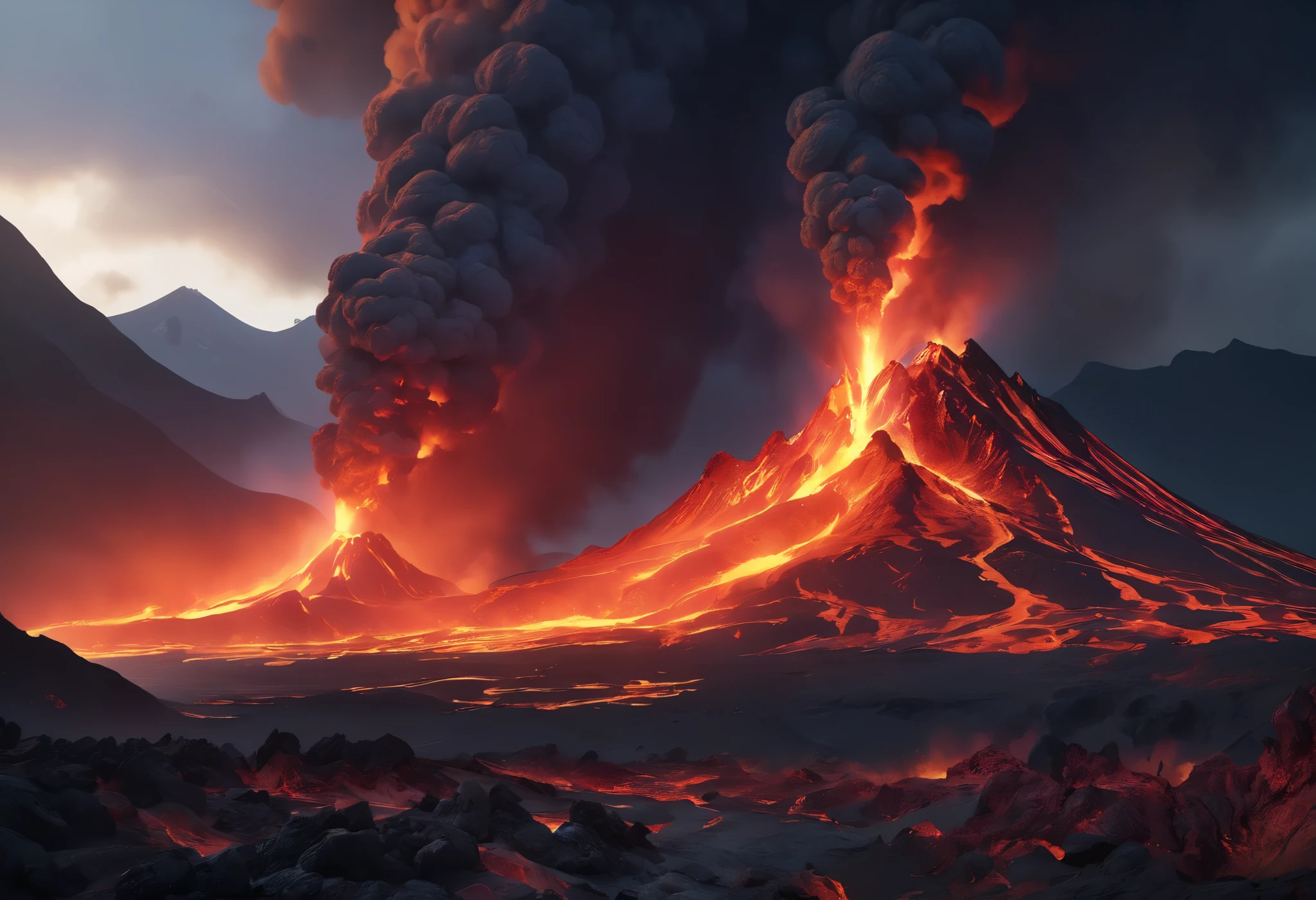 volcanic eruption, lava flow, silhouette of a burning mountain in the dark, dramatic sky, apocalyptic landscape, glowing embers, scorched earth, billowing smoke, vivid colors, cinematic lighting, hyper-realistic, ultra-detailed, photorealistic, (best quality,4k,8k,highres,masterpiece:1.2),ultra-detailed,(realistic,photorealistic,photo-realistic:1.37)