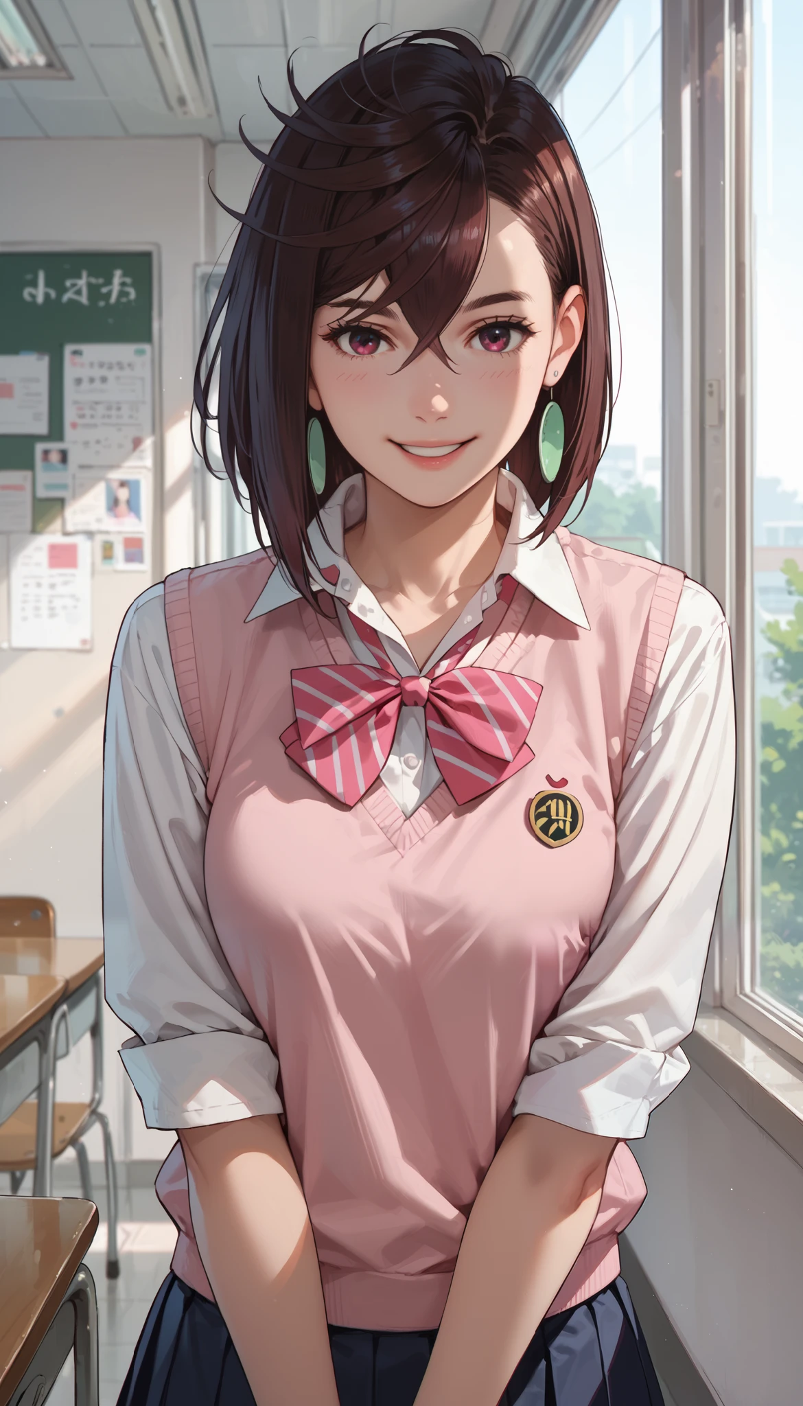 Momose Momo , indoor, smile, school uniform, pink vest