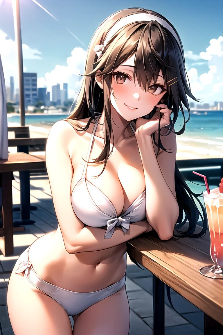 (masterpiece, highest quality: 1.2)156cm tall relaxing on the beach at Copacabana at sunset,Bust 85cm(D-Cup),Waist 58cm,Girl with 84cm hips, Use headphones,Shine,Anime-style 2D,Soft atmosphere,Lo-Fi,Chill
