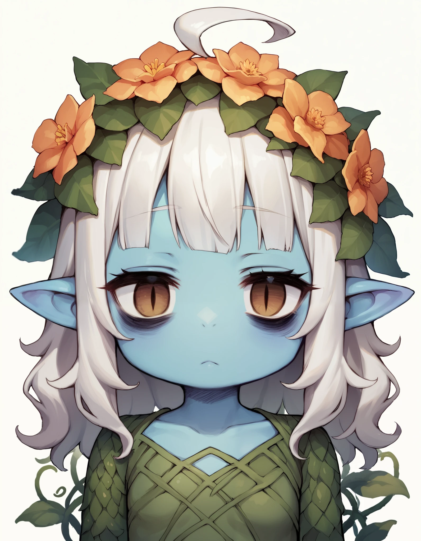 score_9, score_8_up, score_7_up, score_6_up, source_anime, rating_questionable, 1girl, solo, pointy ears, wavy hair, slit pupils, blue skin, scaly skin, flower crown, plant girl, vines around body, shortstack, simple background, white background, looking at viewer, bored, upper body, hair twirling, small breasts, medium hair, hime cut, ahoge, brown eyes, white hair, bags under eyes