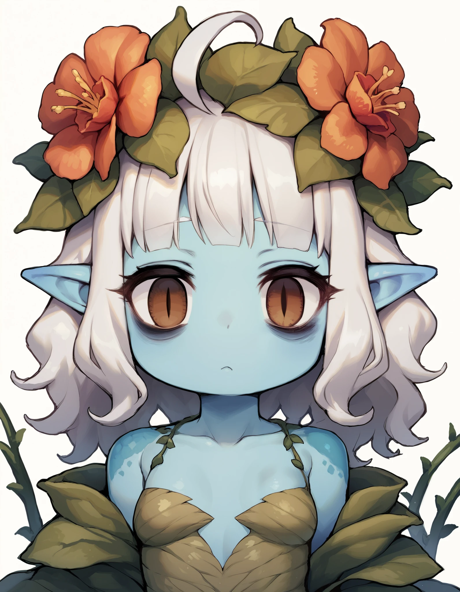 score_9, score_8_up, score_7_up, score_6_up, source_anime, rating_questionable, 1girl, solo, pointy ears, wavy hair, slit pupils, blue skin, scaly skin, flower crown, plant girl, vines around body, shortstack, simple background, white background, looking at viewer, bored, upper body, hair twirling, small breasts, medium hair, hime cut, ahoge, brown eyes, white hair, bags under eyes@