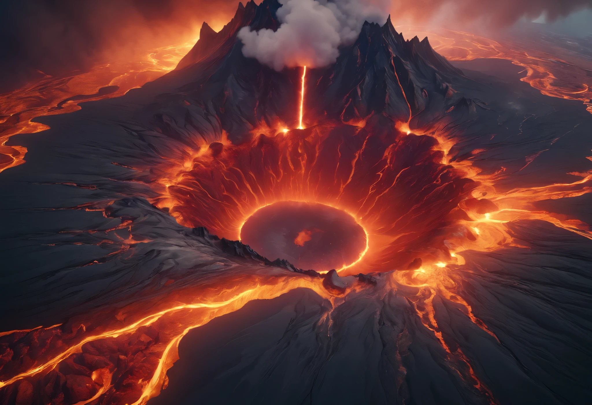 a dramatic aerial view of a volcano's fiery crater, bubbling magma about to erupt, striking overhead landscape, cinematic lighting, dramatic colors, photorealistic, 8k, highly detailed, masterpiece