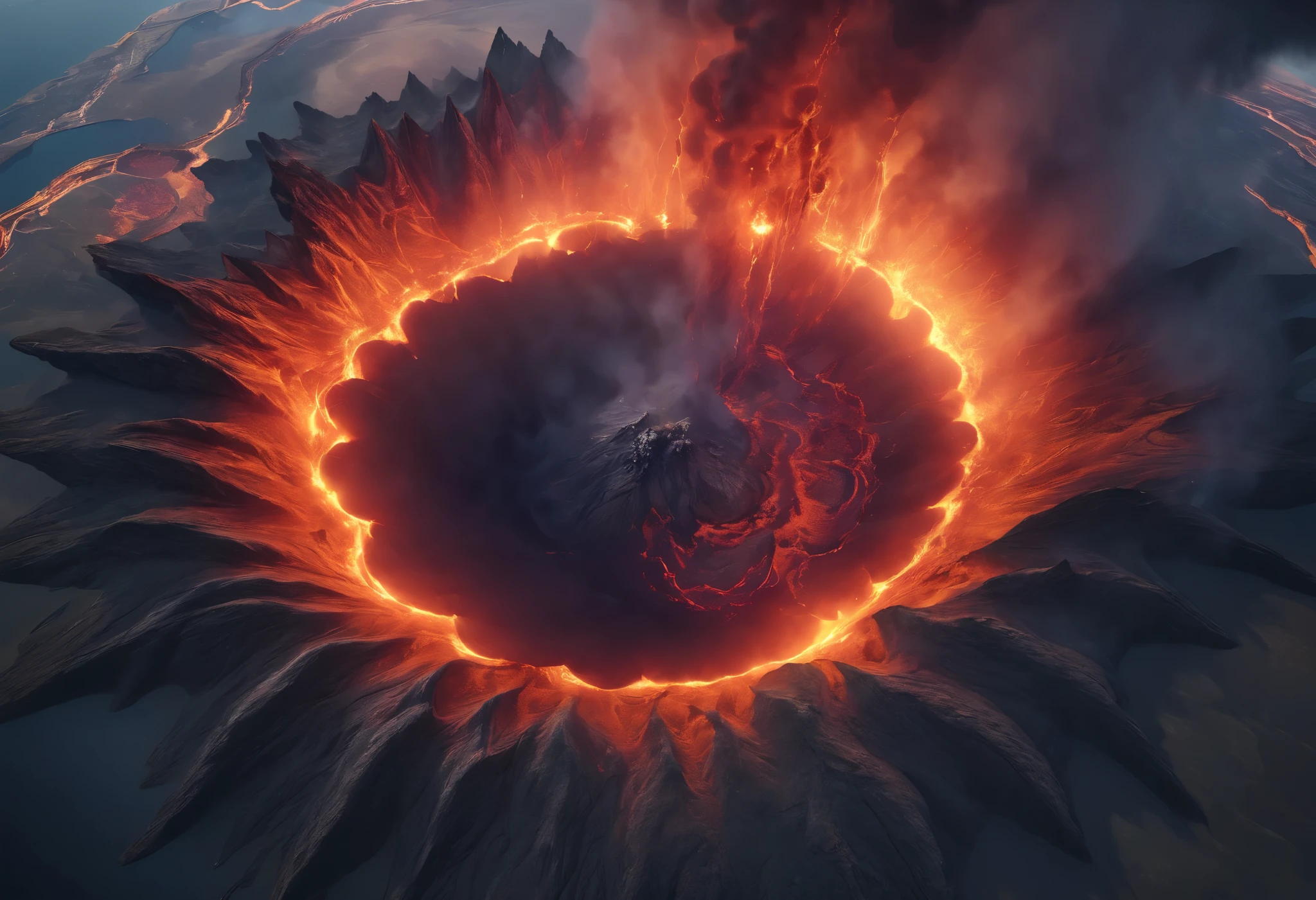 a dramatic aerial view of a volcano's fiery crater, bubbling magma about to erupt, striking overhead landscape, cinematic lighting, dramatic colors, photorealistic, 8k, highly detailed, masterpiece